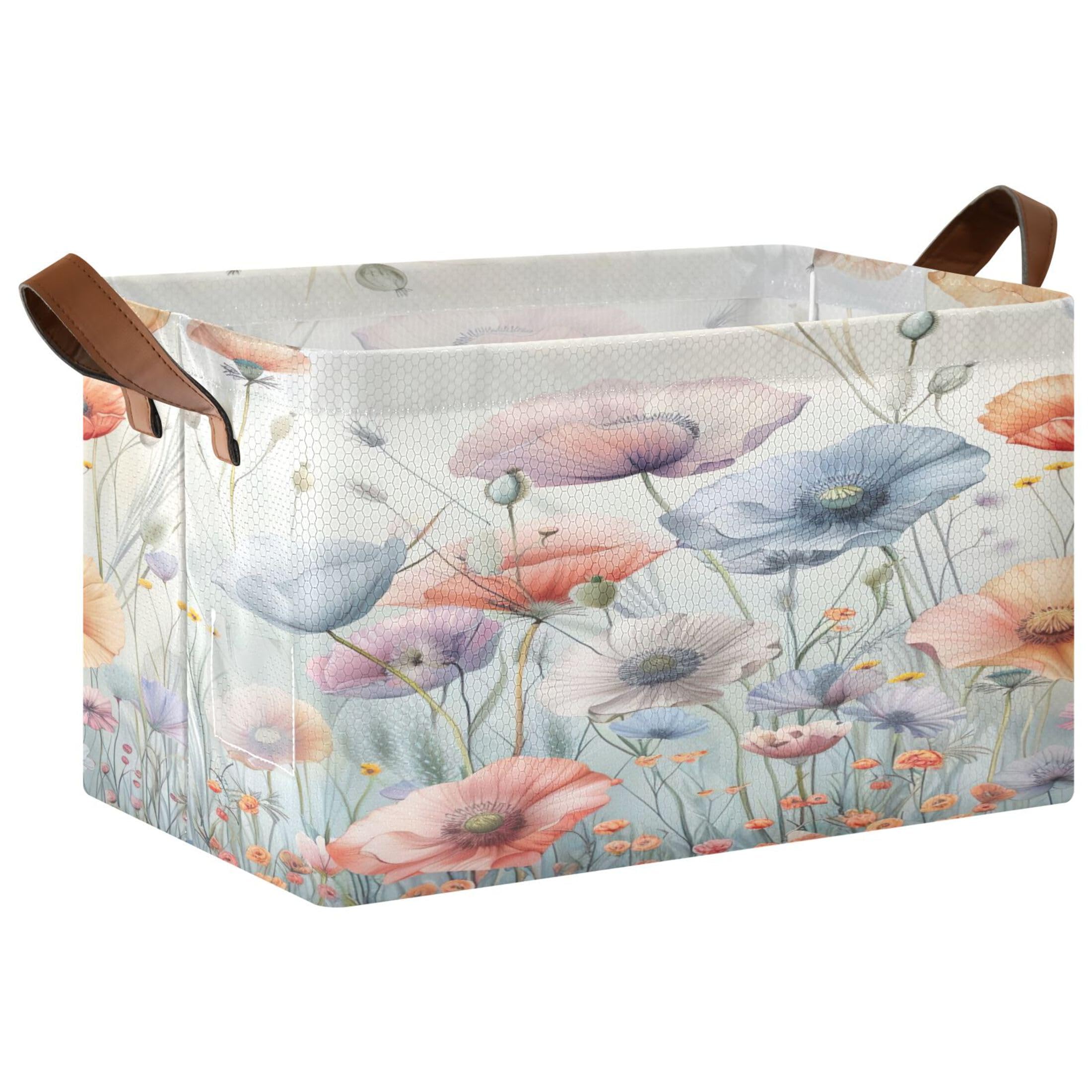 Kutsu Foldable Storage Basket Watercolor Flowers Collapsible Storage Bin with Handles for Shelves, Rectangle Basket for Home Nursery Decor, 16.9x11.4x10 in