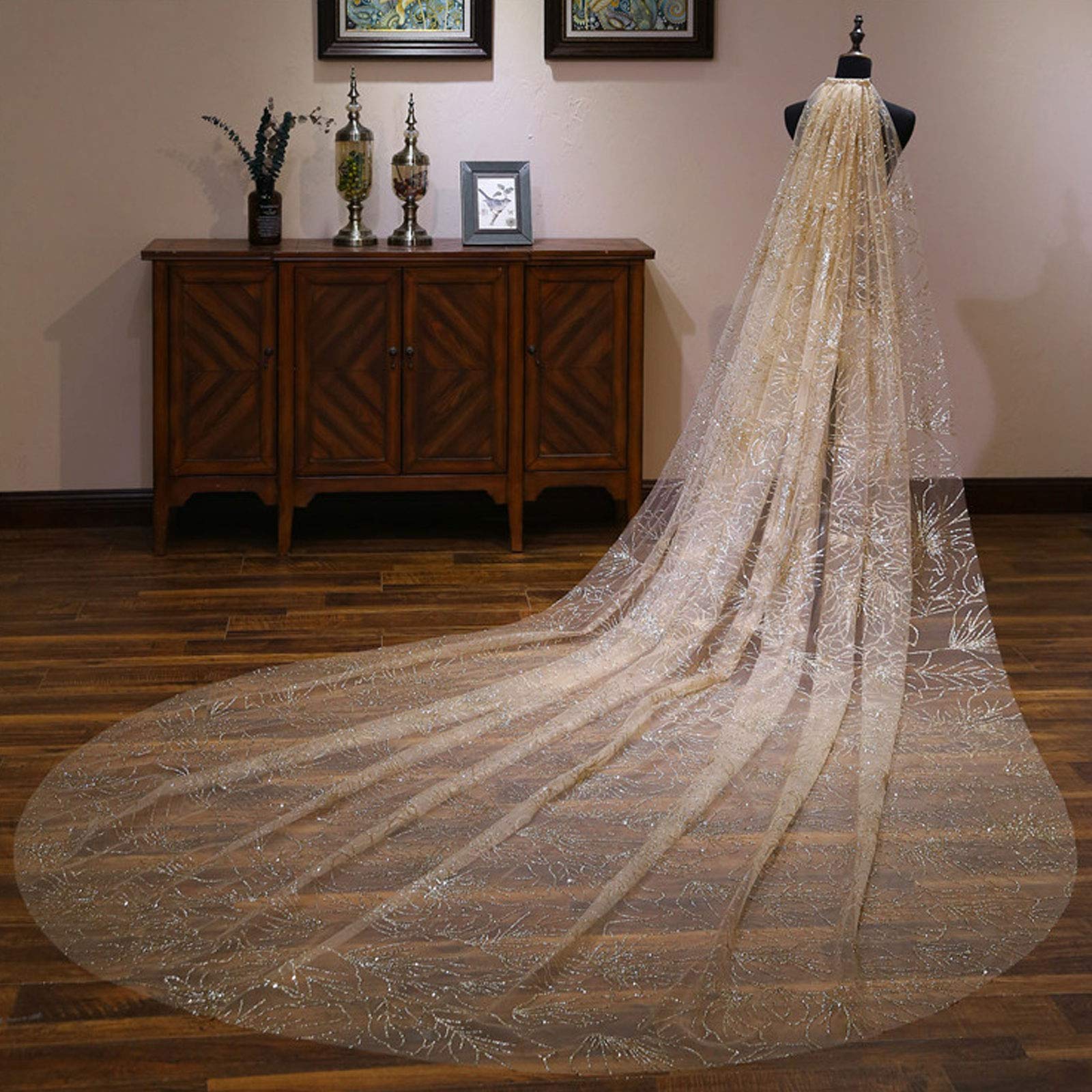 Velo da sposa lungo con paillettes di cristallo, lunghezza del bordo in pizzo, morbido tulle sovrapposto per feste serali, balli, opera, banchetti e occasioni speciali (bianco 3,5 * 3 m (oro 5 * 3 m