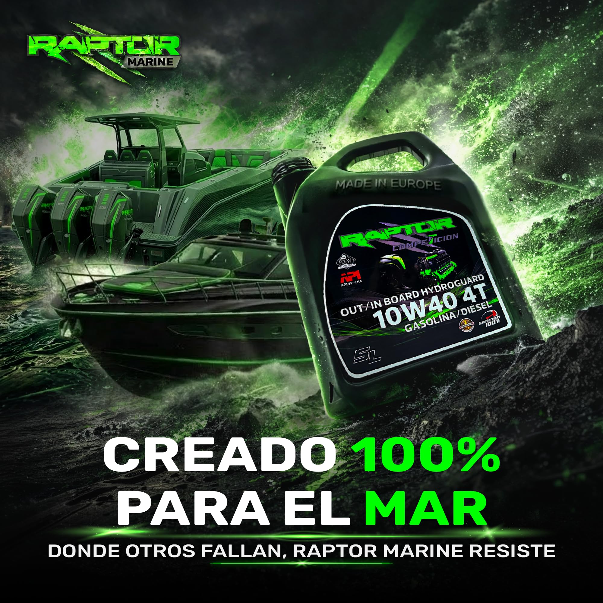 Raptor Marine - Aceite Motor Marino 10W40 100% Sintético Hydroguard | 5L | Fueraborda e Intraborda 4T | Gasolina y Diésel | Anticorrosión | NMMA FC-W, API SP
