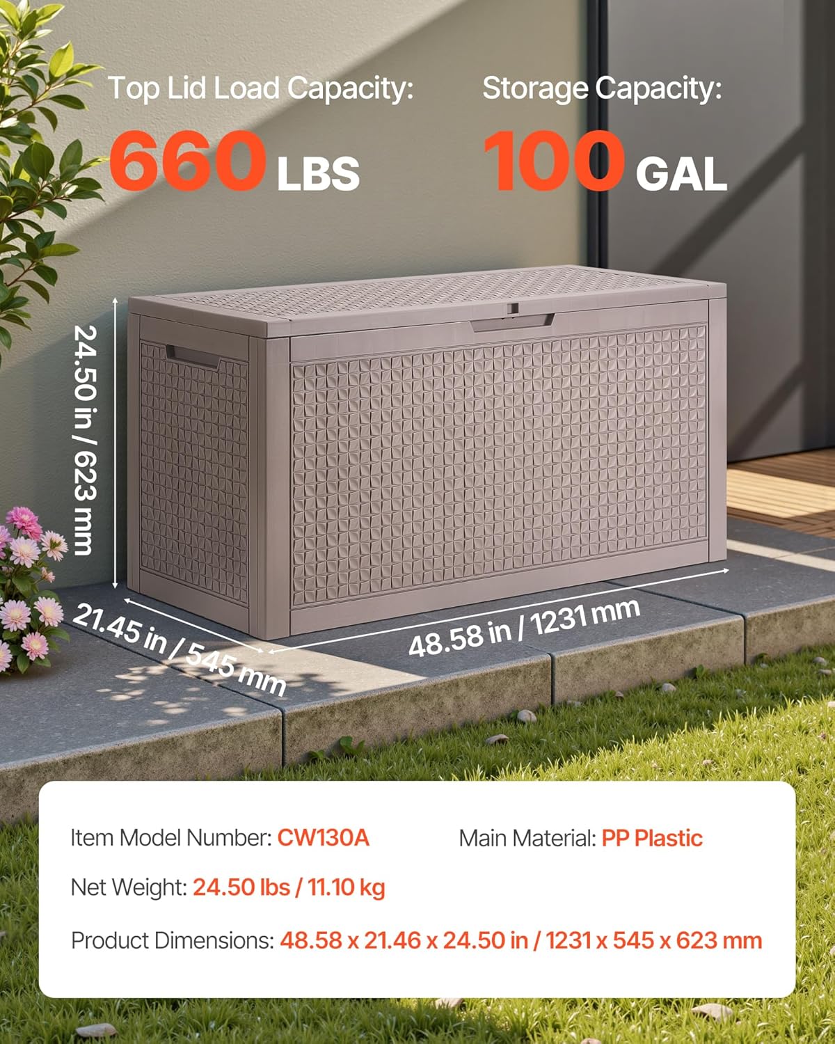 Two people carrying the VEVOR 100 Gallon Outdoor Storage Box using its integrated side handles