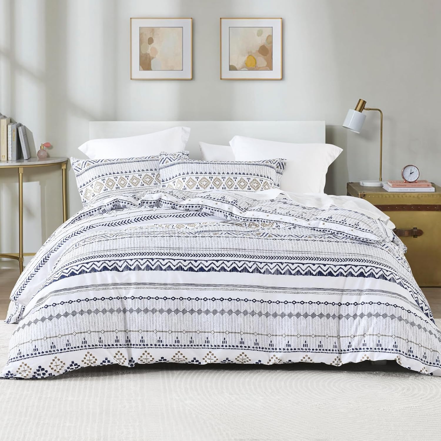 CozyDH Boho Duvet Cover King Size - 100% Cotton Soft Boho Aztec White Navy Blue Beige Duvet Cover with Taupe Waves and Traingles Zipper Closure, Oeko-TEX Certificated (No Comforter)