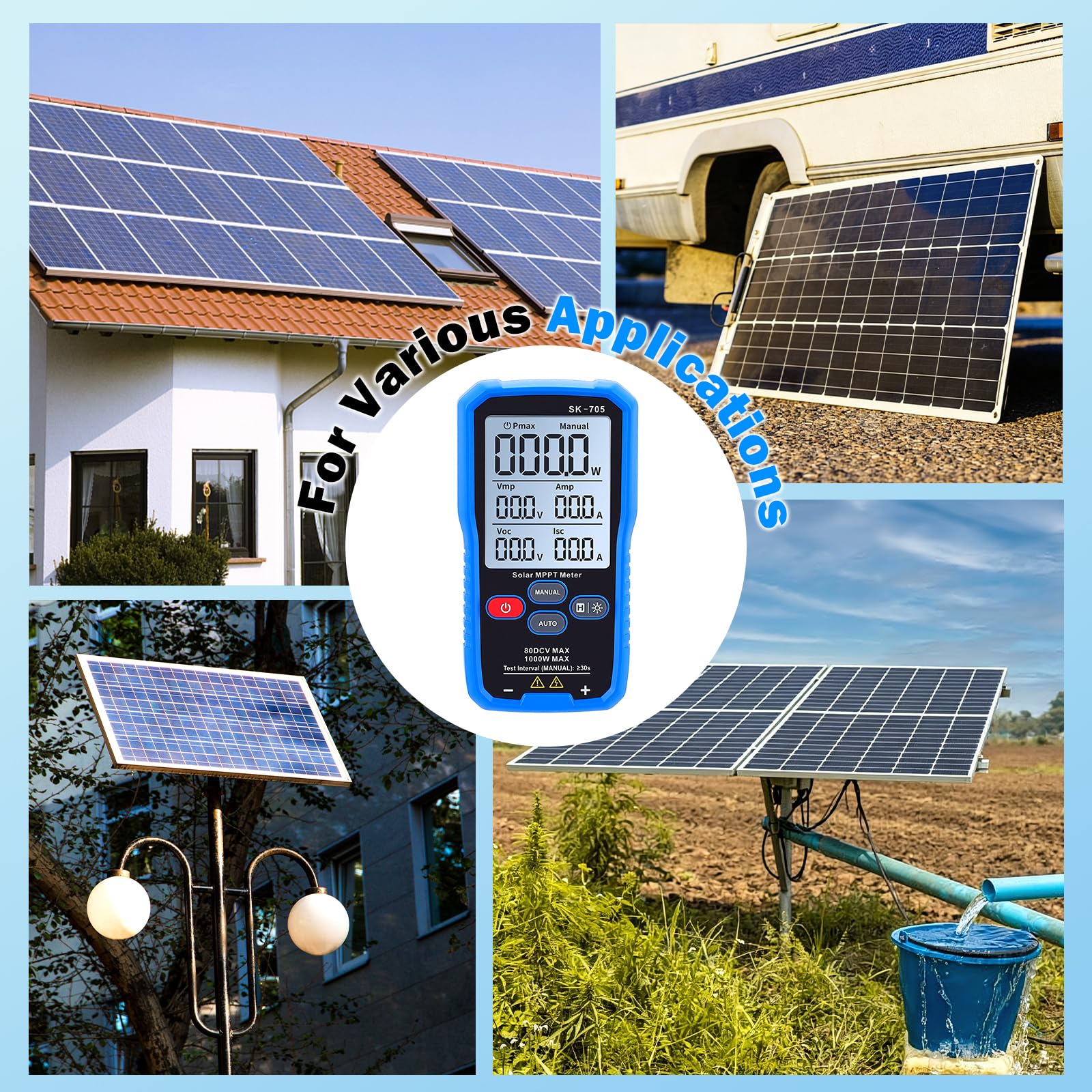 Solar MPPT Leistungstester 1000 W – Photovoltaik Panel Multimeter mit 3,2″ LCD, Solar-Prüfgerät für Voc, Isc, Vmp, Pmax, Auto/Manuell, für PV-Module bis 80 V / 35 A