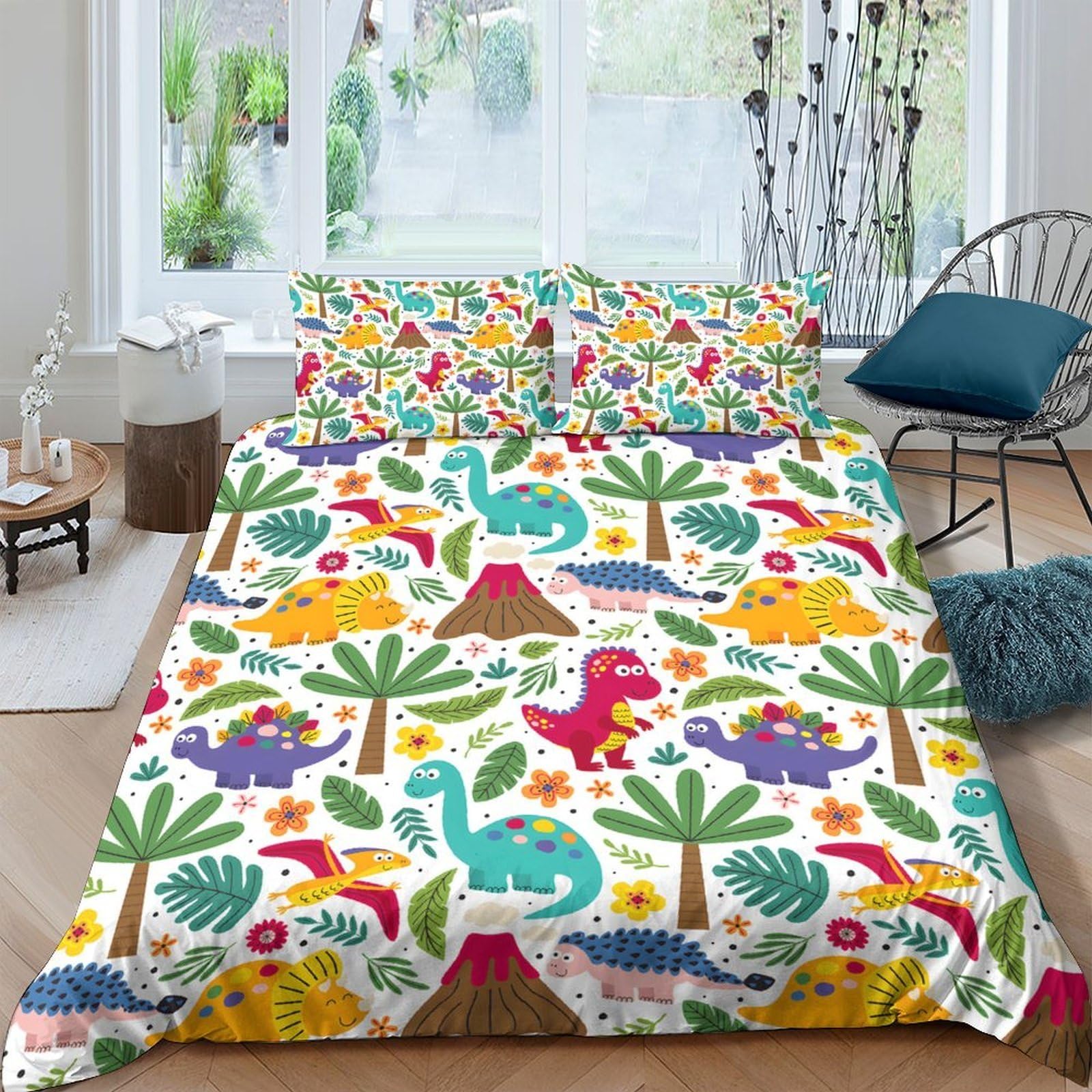 Ctjqhvkz Style-4 3D Printed Colourful Dinosaur Fitted Sheet Microfiber Soft Breathable Palm Tree Bed Cover For Bedroom Guest Room Decor Single（135X200cm）