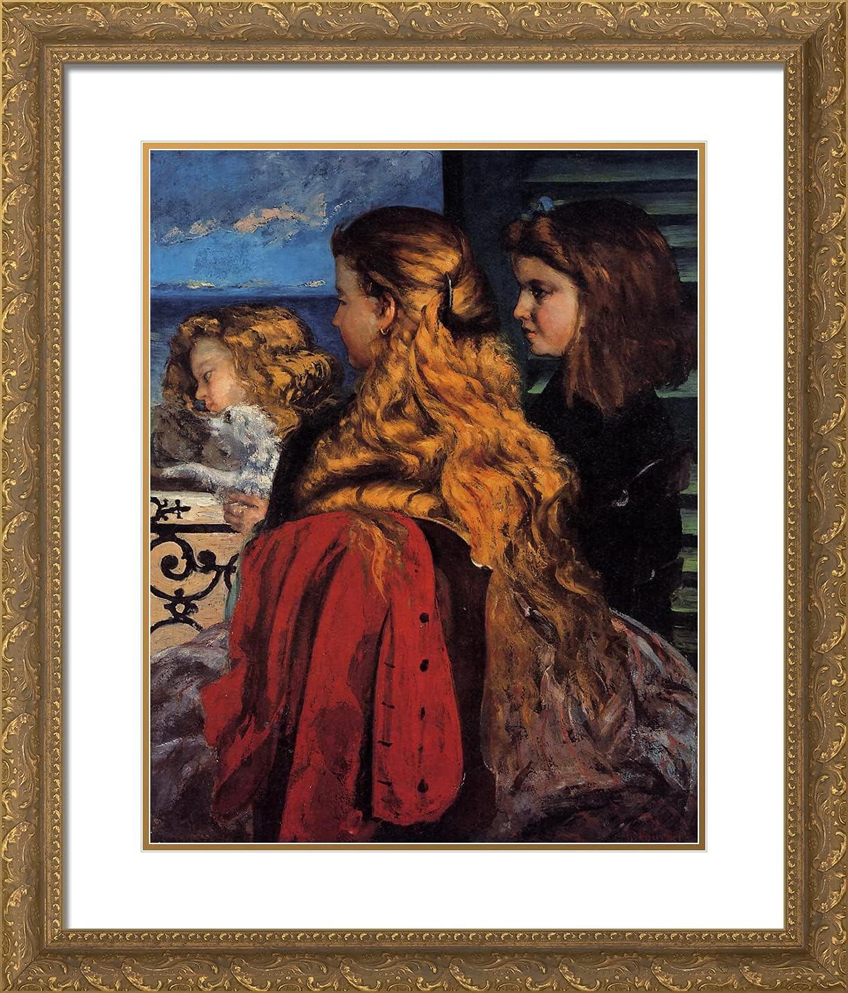 ArtDirect Courbet, Gustave 20x23 Gold Ornate Framed Art Print with Double Matting Titled: Three English Girls at a Window
