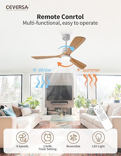 Miniatura 5 de Ceversa Ventilador de techo de madera maciza de 52 pulgadas con luz y control remoto, ventilador de techo moderno de madera natural de 3 aspas,