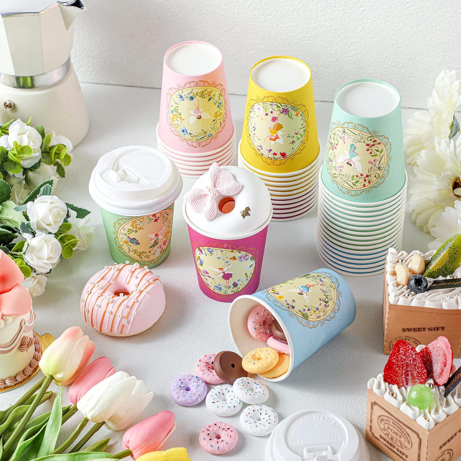 Karenhi 36 Pack 9 oz Floral Paper Cups Bridal Shower Vintage Tea Cup Wedding Disposable Coffee Mugs with Lids for Women Girls Tea Party Decorations Baby Shower(Fresh) - Image 3