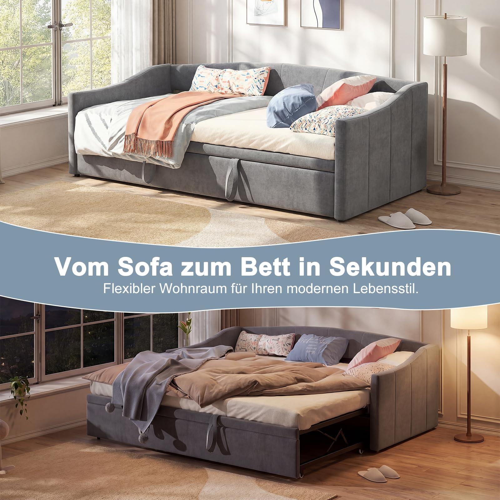 Ausziehbares Tagesbett 90/180x200 cm, Polsterbett Schlafsofa mit ausziehbarem Rollbett & Lattenrost,Schlafcouch Ausziehbar zum Doppelbett, Samt, Beige, Ohne Matratze (Grau-1)