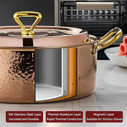 Miniatura 5 de YJX Olla martillada de 6.7 cuartos de galón con tapa, oro rosa cobre, acero inoxidable de tres capas, utensilios de cocina multifuncionales para