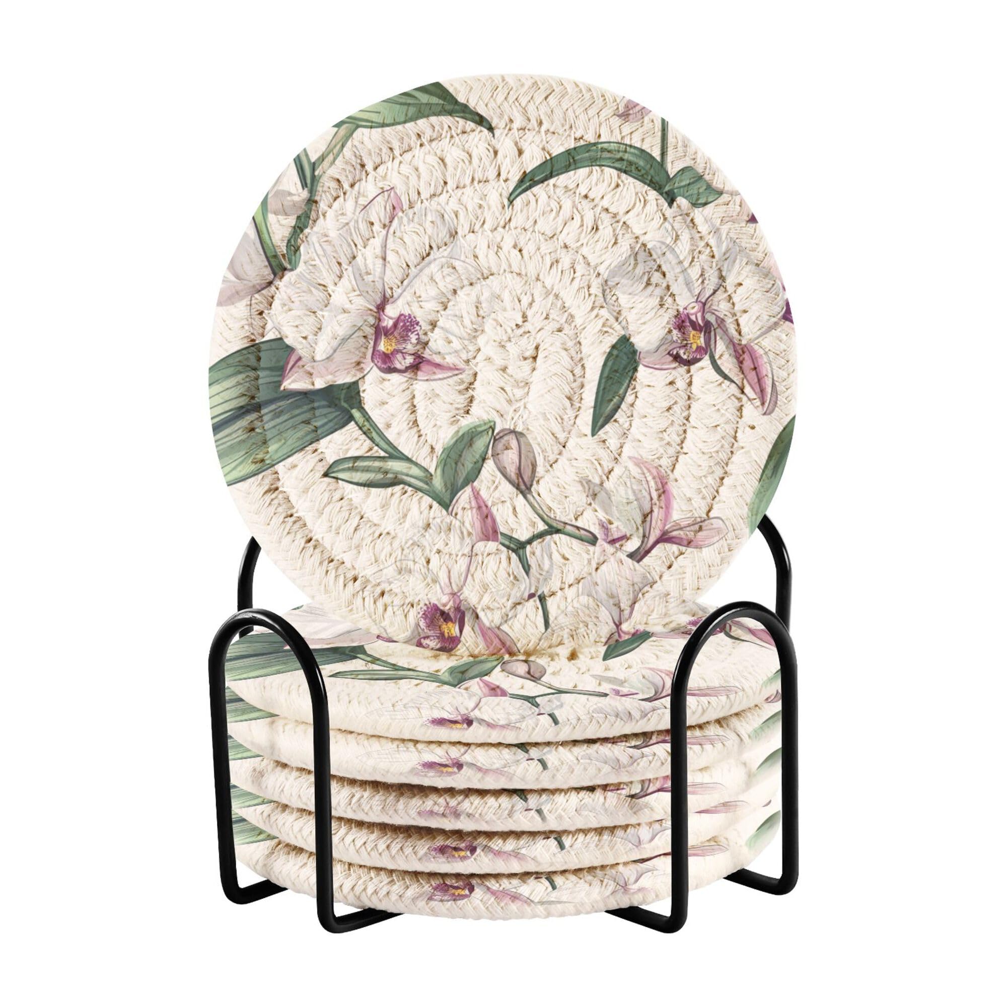 Nature Orchid White Cotton Rope Coasters Absorbent with Holder Set of 6 Table Coasters
