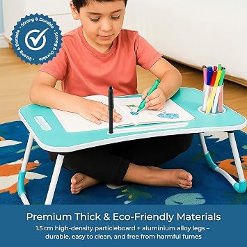 iTrend Laptop Bed Table, Laptop Desk with Foldable Legs & Cup Slot, Portable Tablet Notebook Stand Breakfast Bed Tray with Curved Design Charging Slot & Handle for Sofa, Bed, Terrace, Balcony, Blue