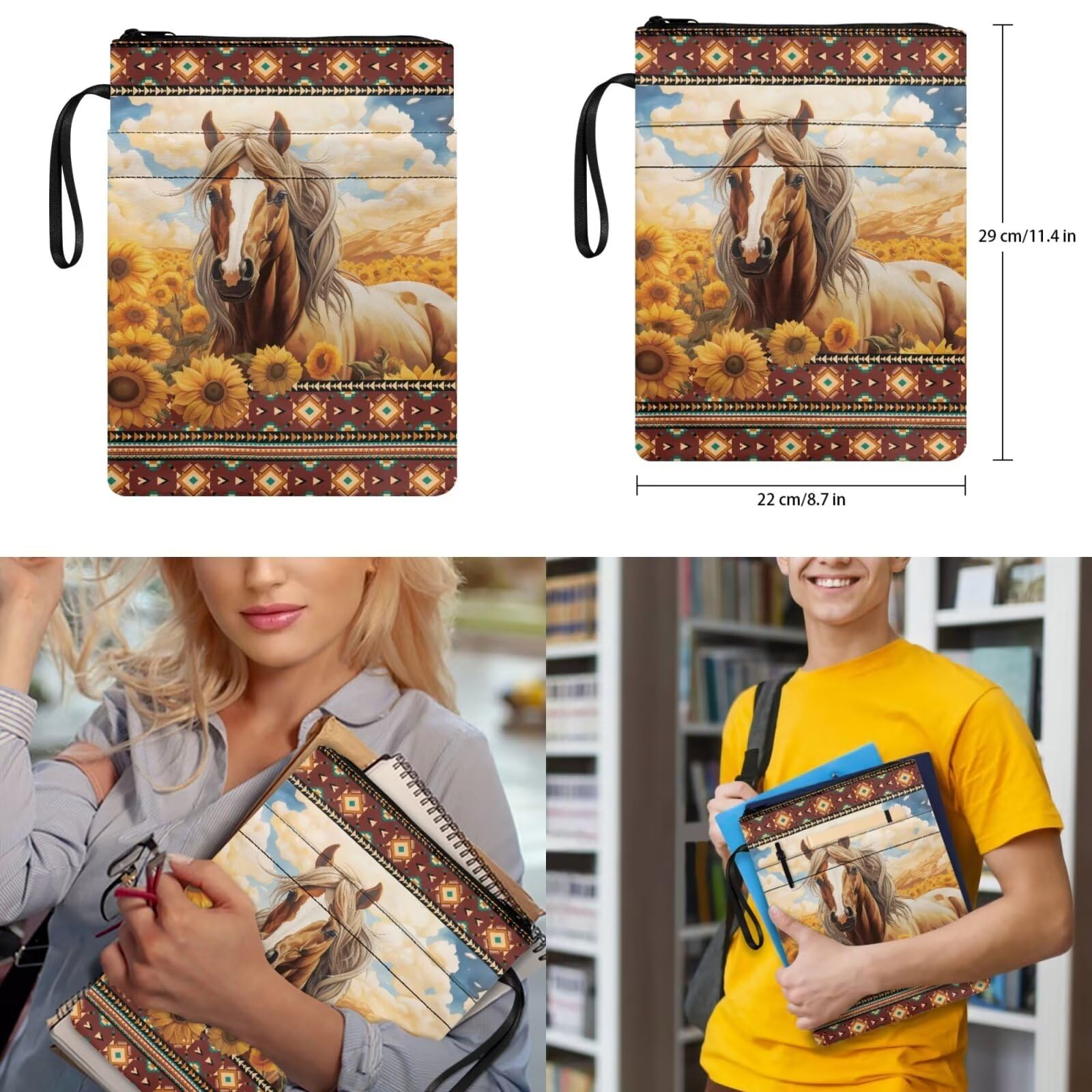 COEQINE Juego de 4 bolsas para libros para estudiantes de 8 a 12 estudiantes, botellas de agua aislantes, lonchera, para adolescentes, escuela secundaria, estuche para lápices, Girasol caballo azteca