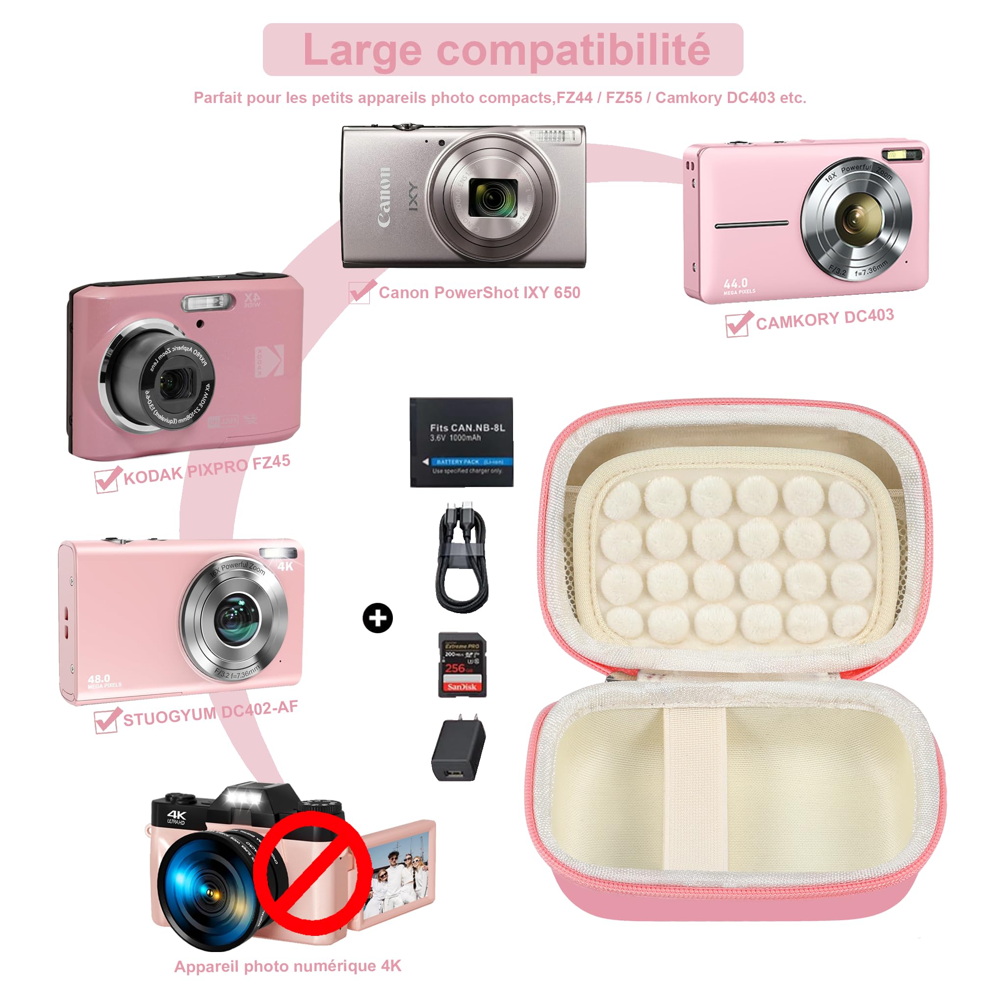 Étui pour Appareil Photo Numérique Leayjeen, Compatible Kodak Pixpro C1 Canon IXUS 285 HS, Coussin Amortisseur Rose
