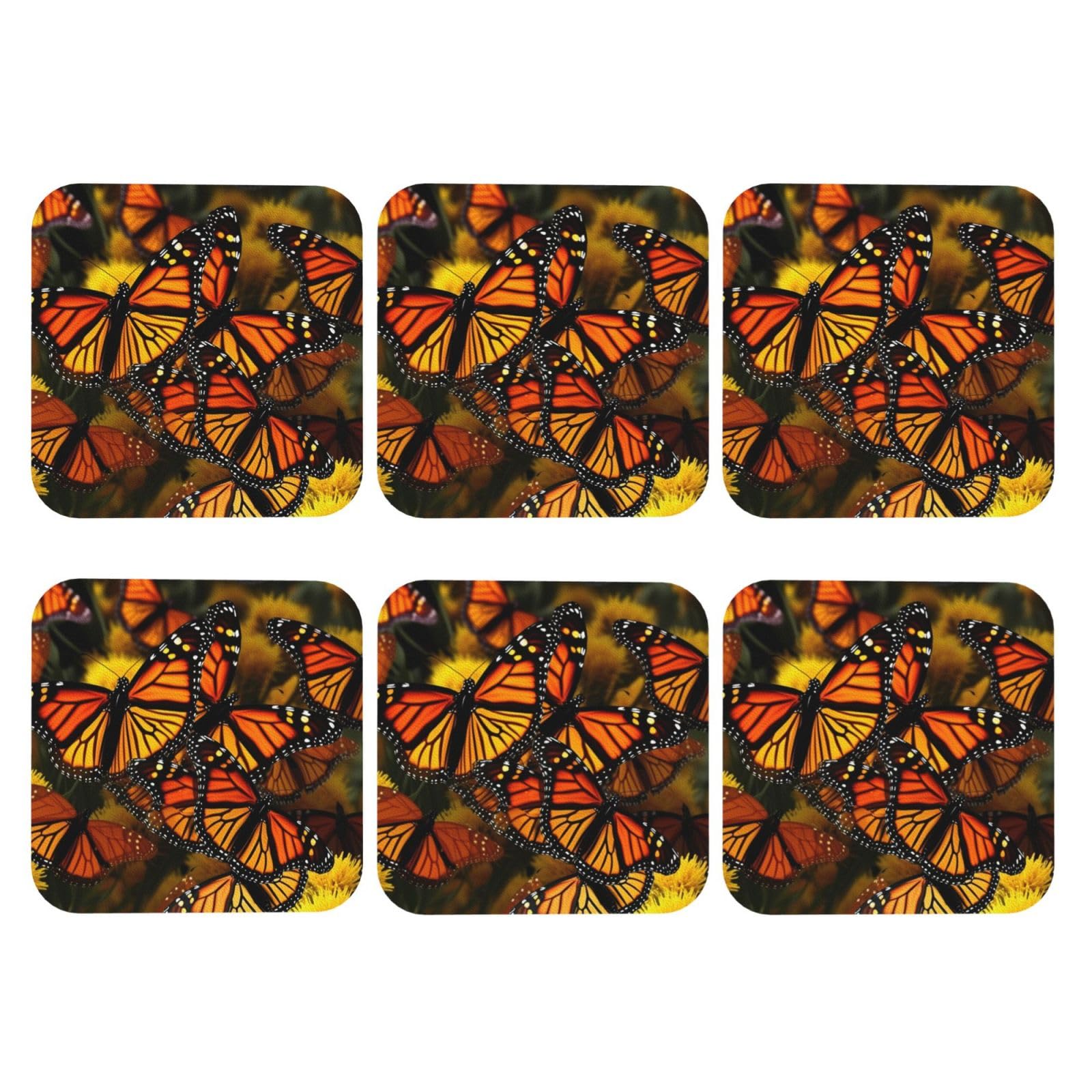 6pcs Leather Coasters for Drinks, Monarch Butterflies Drink Coasters for Tabletop Protection, 4" Cup Coasters for Coffee Table Decor, Non-Slip Drinking Cup Mat for Hot Or Cold Drink