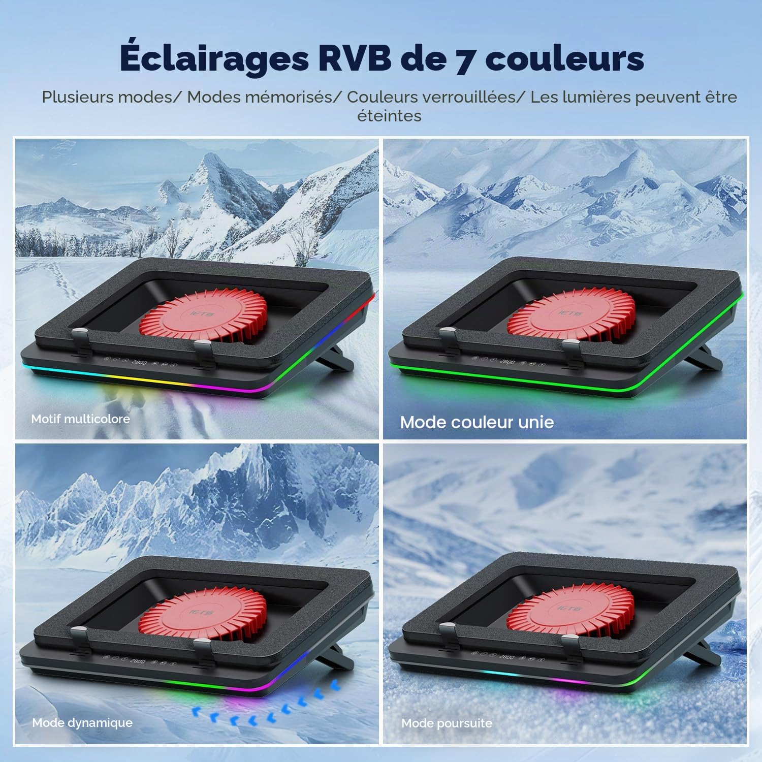 IETS GT600 Tapis de refroidissement RVB pour ordinateur portable avec ventilateur turbo géant (14 cm de diamètre), mousse scellée pour un refroidissement rapide, refroidisseur d'ordinateur portable de