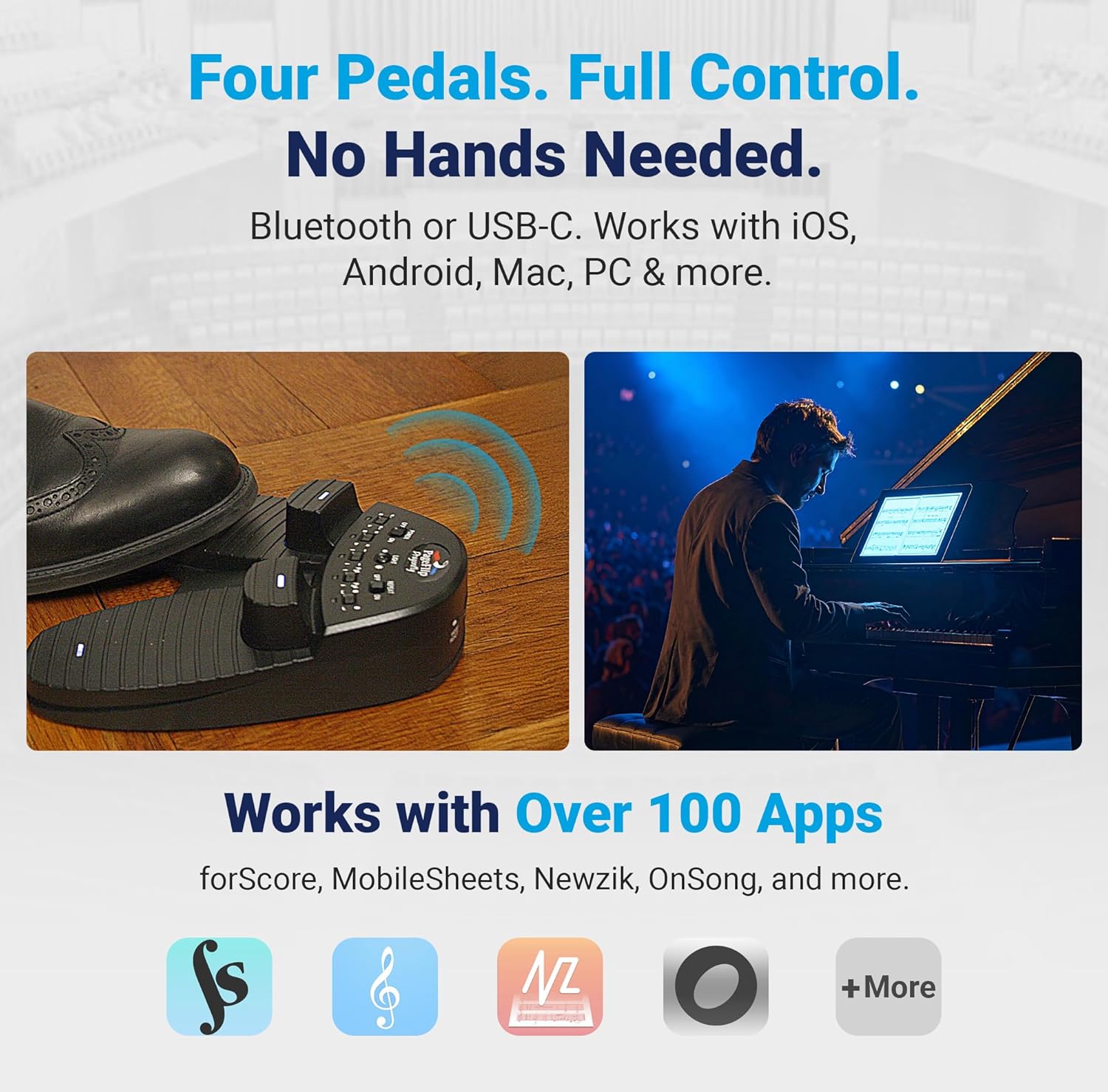 Image showing the PageFlip Dragonfly pedal in use with an iPad, highlighting its four pedals for full control and compatibility with over 100 apps.