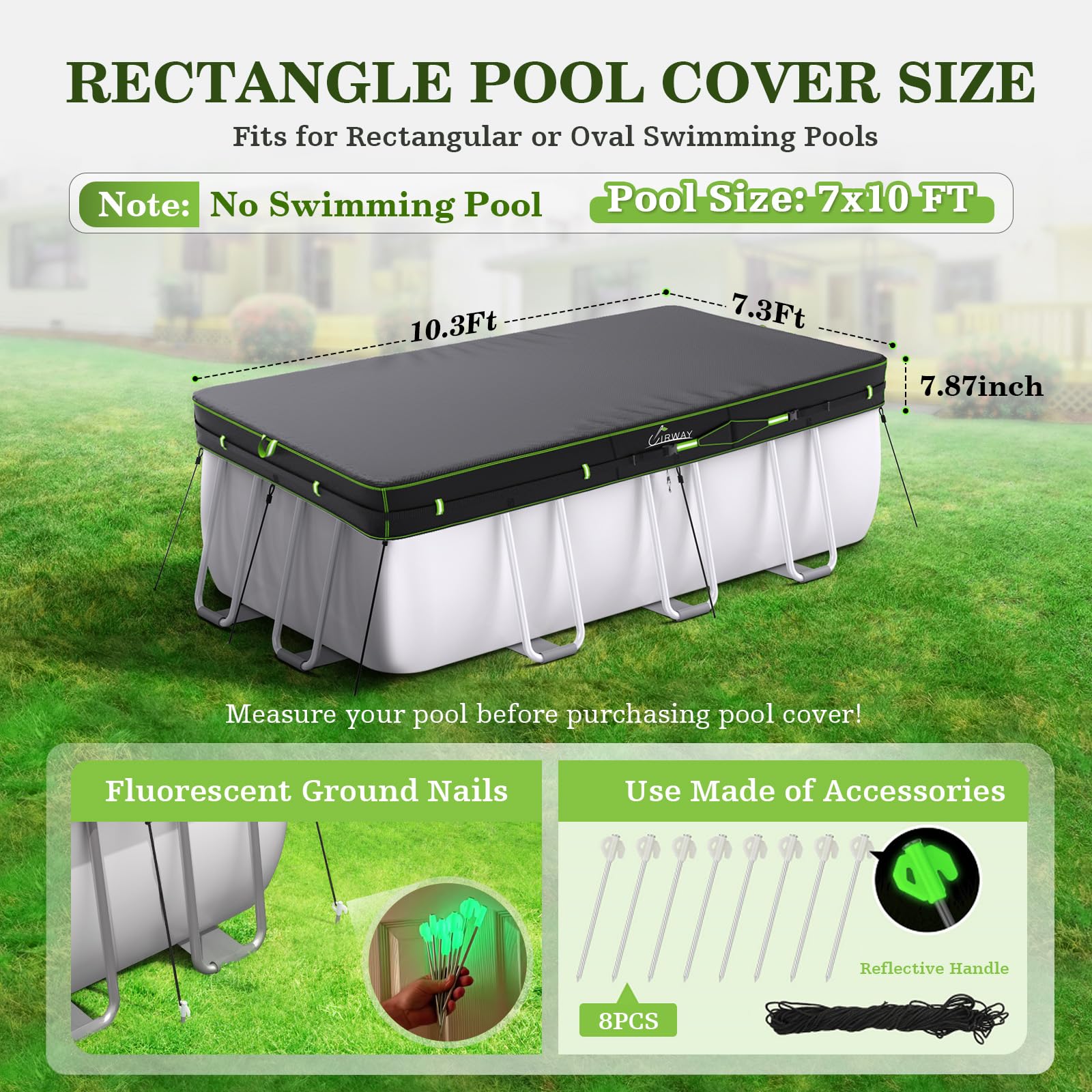 UIRWAY Bâche de piscine rectangulaire de 2,1 x 3 m avec bandes réfléchissantes, bâche solaire pour piscine hors sol, avec attache de corde et clous lumineux pour piscines rectangulaires ou ovales