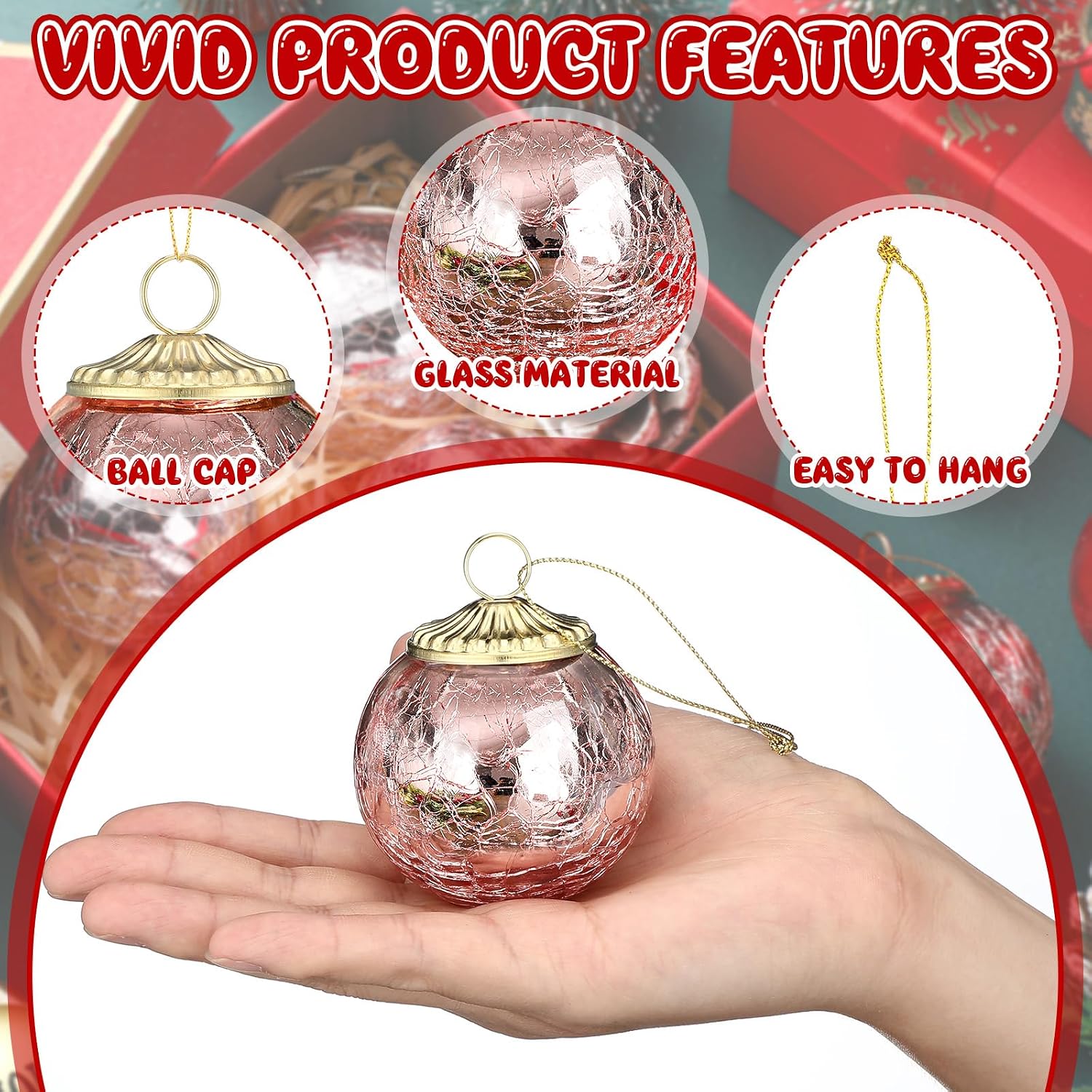 Hungdao 6 Pcs Mini Glass Christmas Ball Ornaments, 2.4 Inch, Pink