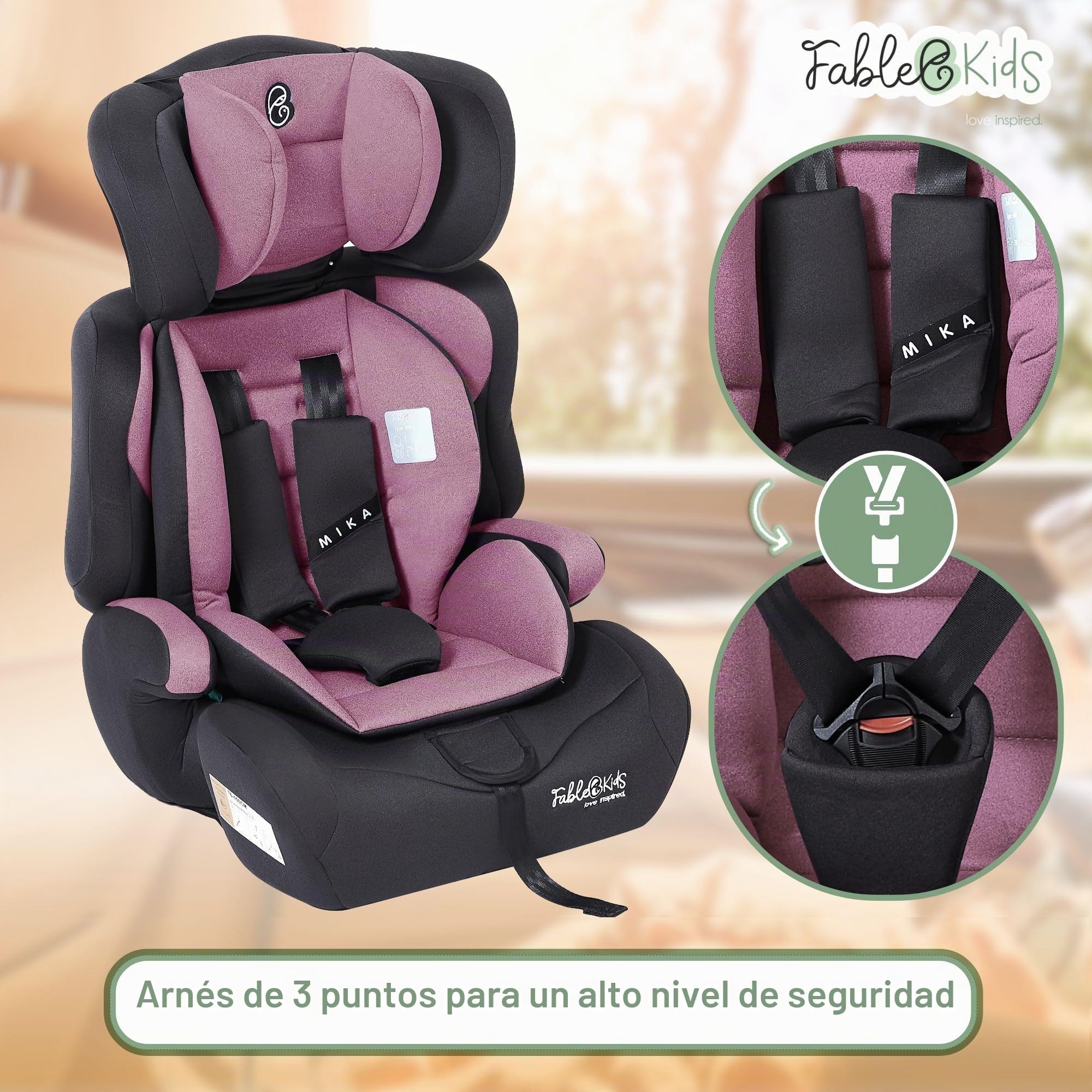 FableKids Silla de Coche Infantil 9-36 kg | ECE R129/03 | Para Niños 76-150 cm desde 15 Meses | Arnés de 3 Puntos | Reposacabezas Ajustable | Silla de Auto Evolutiva y Ajustable | Rosa
