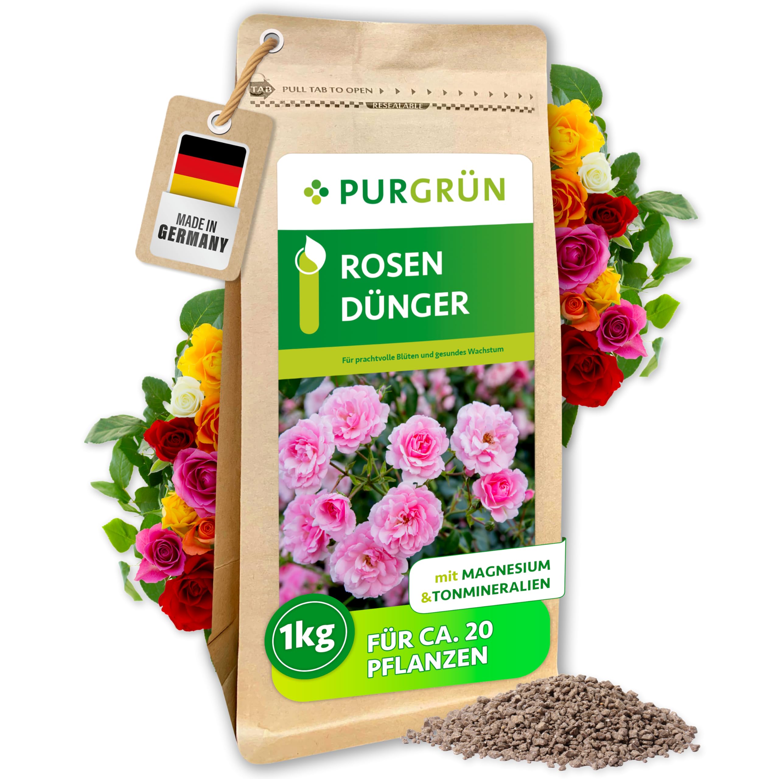 Rosendünger 1 kg – Organisch-mineralische Rezeptur – Feinkörniges Krümelgranulat – NPK 9+4+8 – Extra Magnesium für prächtige Blüten – Verbessert die Bodenqualität – Für gesunde Rosen