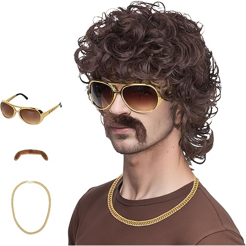 M MISS U HAIR 70s Wigs for Men Disco Wig for Halloween Party Short Brown Feathered Hair with Glasses Gold Necklace Mustache