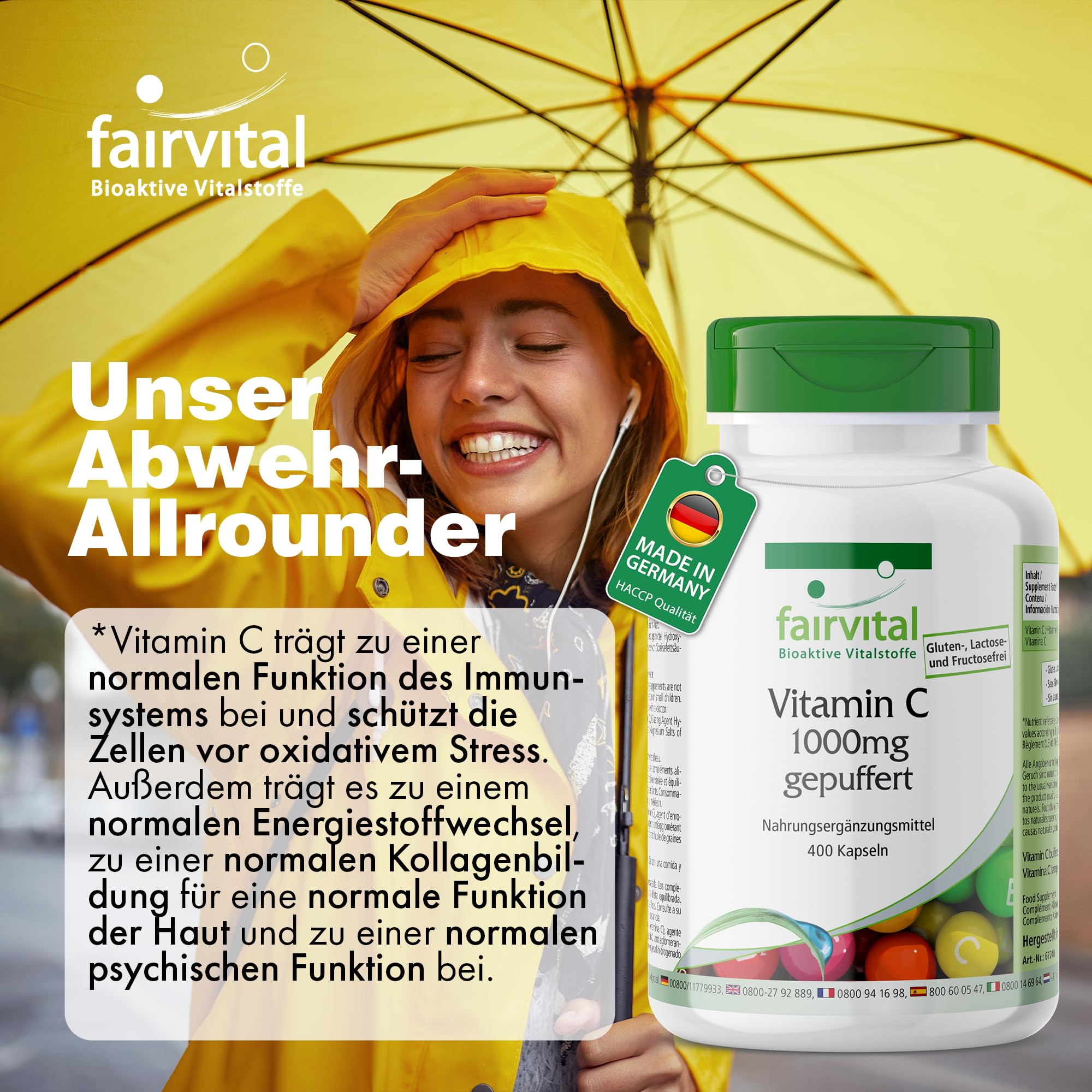 fairvital Gepuffertes Vitamin C 1000mg hochdosiert, 400 Kapseln, VEGAN, magenfreundlich, Calciumascorbat