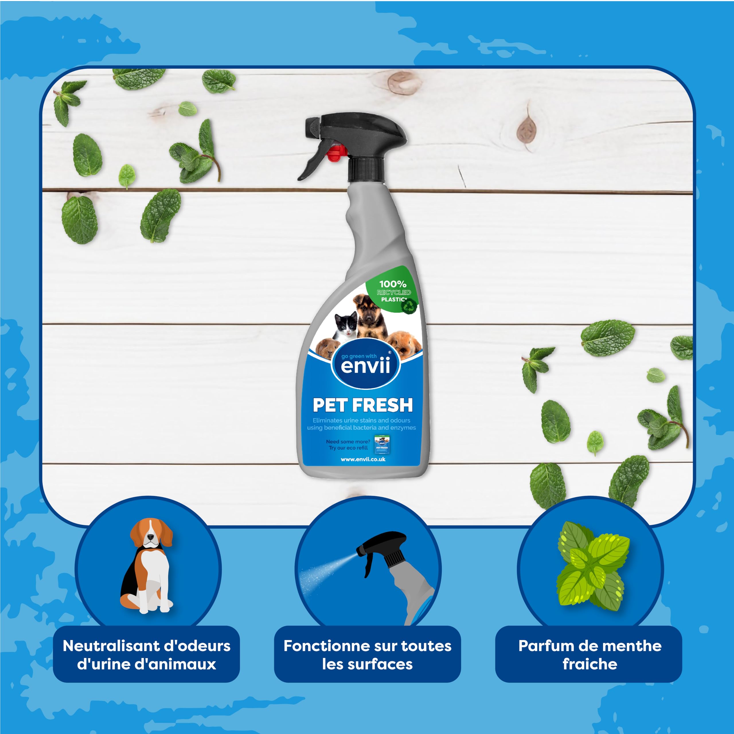 Envii Pet Fresh Éliminateur & Destructeur Odeur Urine Chat Spray 750ml, Nettoyant enzymatique & détachant microbiologique pour Chien & Chat, Anti odeur