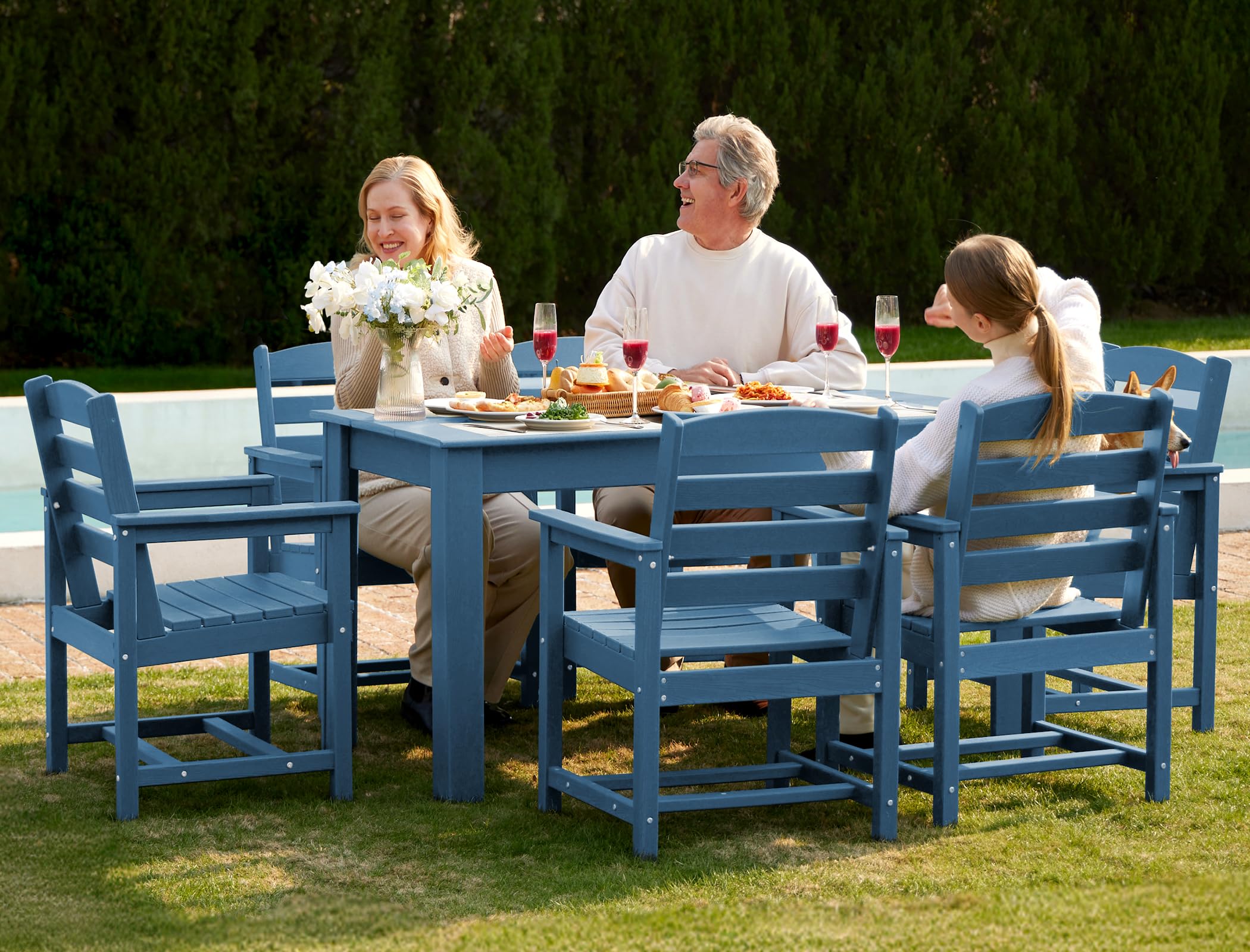 SERWALL 59" HDPE Outdoor Dining Set for 6, w/ 1 Table &amp; 6 Armchairs, Blue