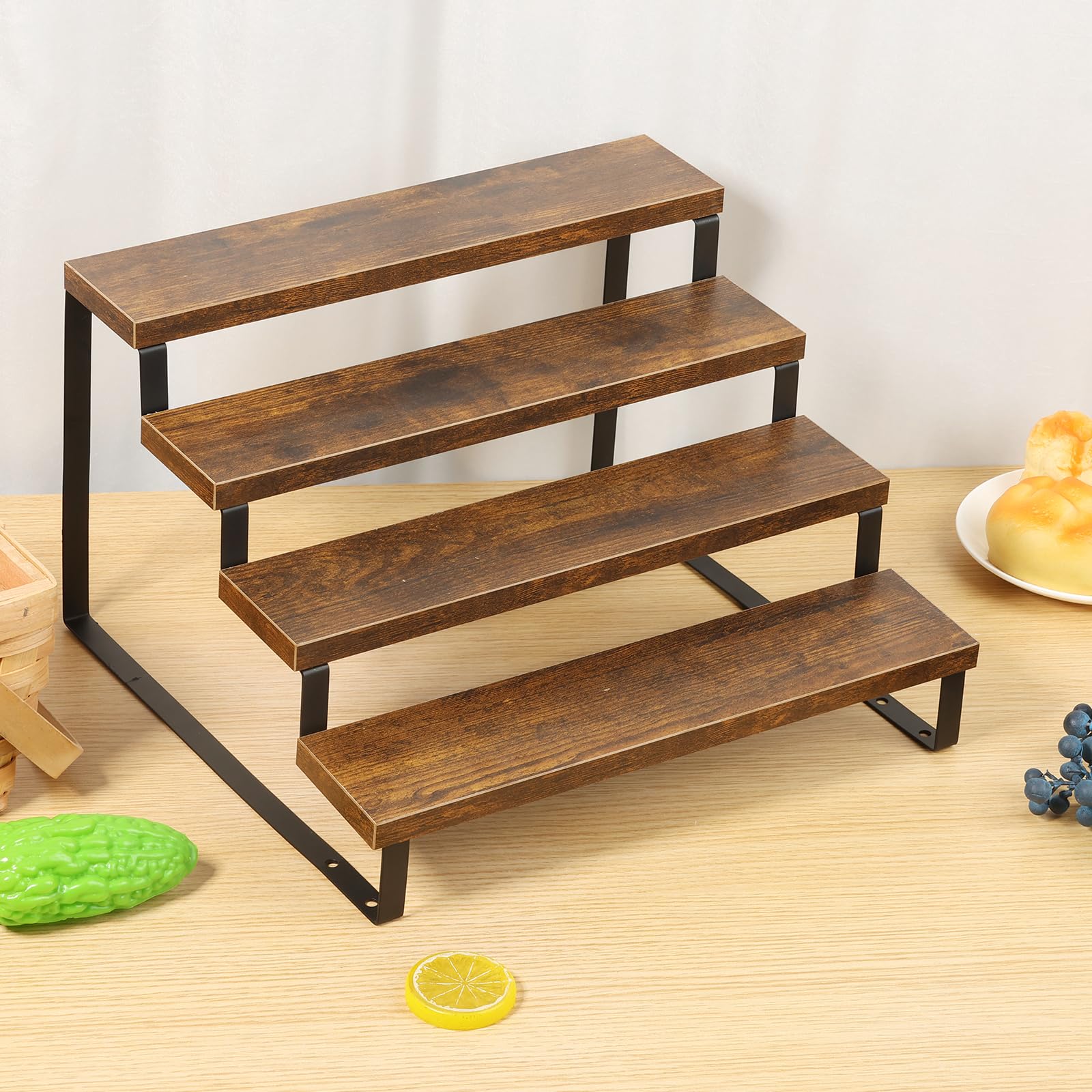 Ghshanog 4 Tier Wooden Display Stand,Retail Display Riser,Tiered Perfume Organizer Stand,Rustic Spice Rack Cupcake Riser,Multifunction Shelf for Cosmetics, Craft,Figure,Jewelry,Collections(4-Tier)