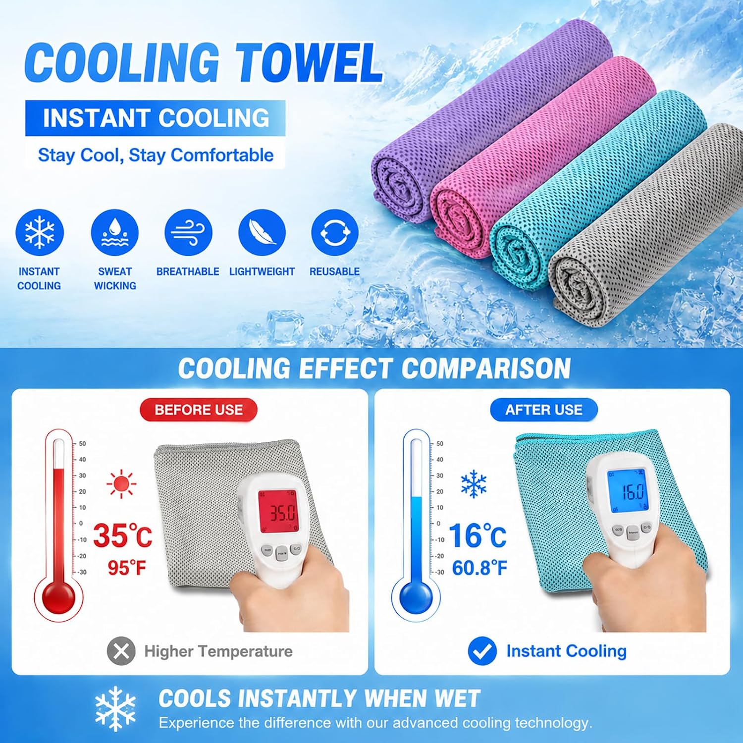 Amgico 6 Pack Cooling Towel 40"X12", Cooling Towels for Neck and Face, Quick Dry Soft Breathable Reusable Microfiber Towels for Hot Weather, Camping, Hiking, Beach, Workout, Running & More Activities