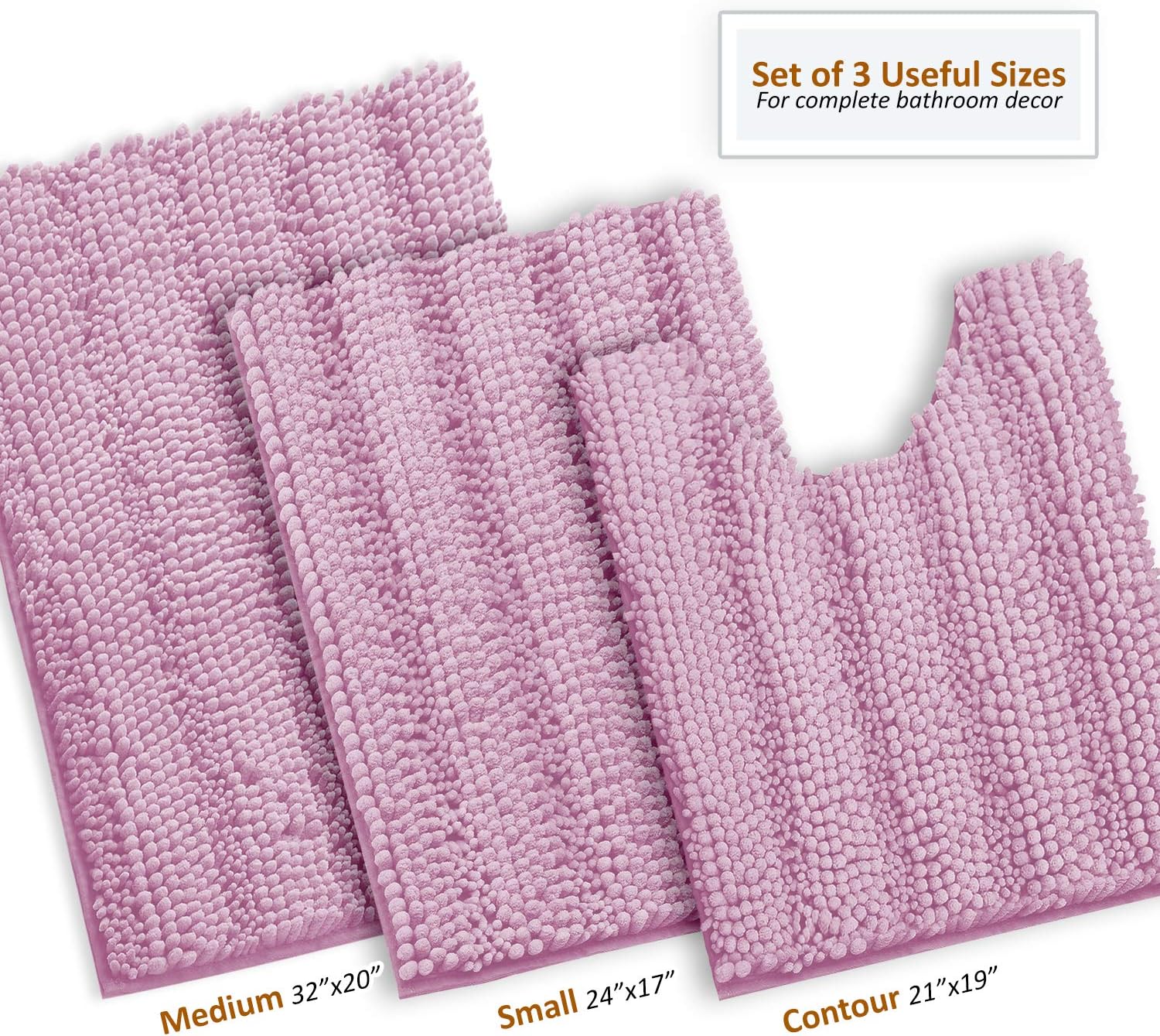 Clara Clark Bathroom Rugs, Chenille Bath Rugs, Ultra Soft Plush Shaggy Bath Mats for Bathroom, Machine Washable Non Slip Backing Rubber Bath Mats, 3 Piece Set Lilac