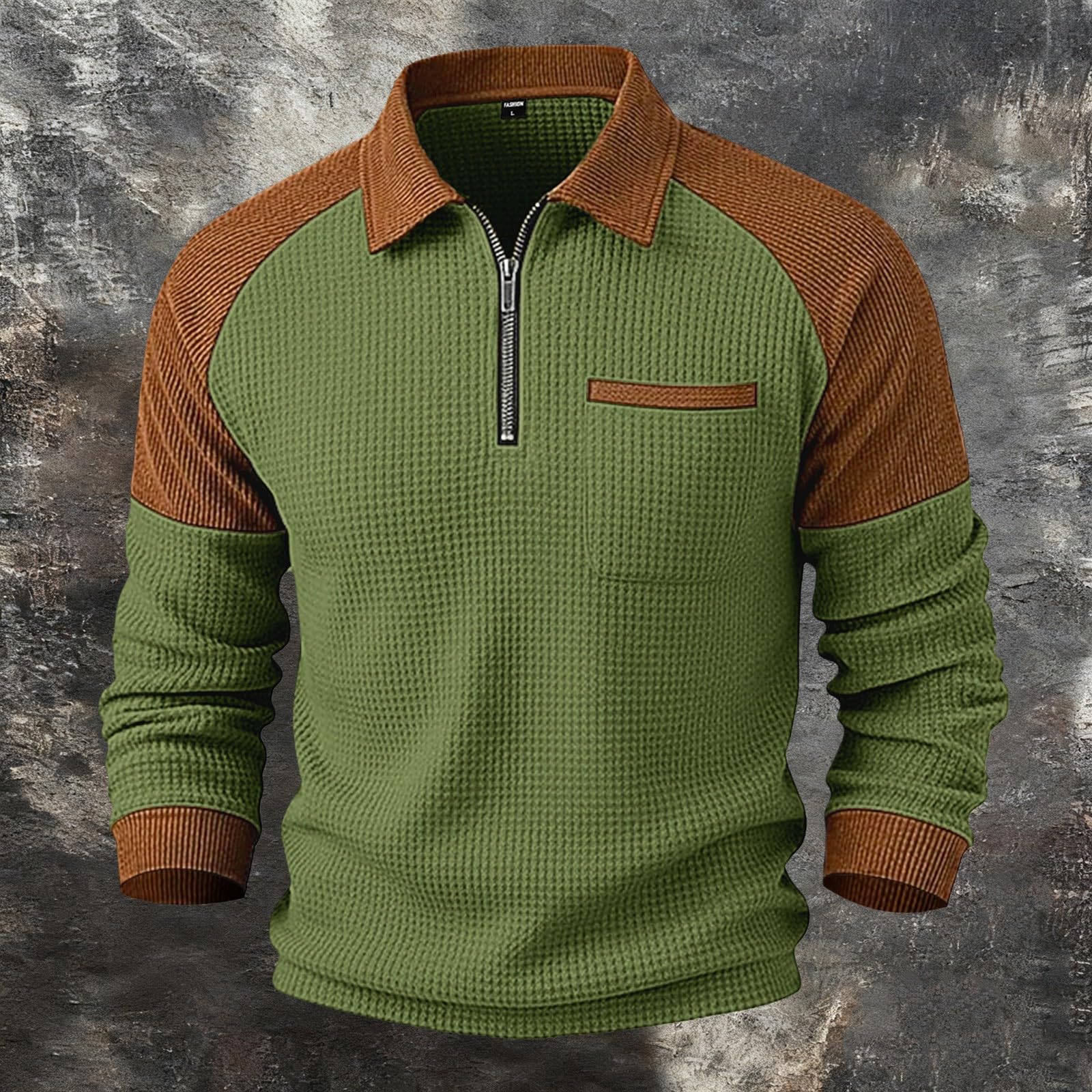 Polohemd Herren mit Waffel Karierten Freizeithemd Golfshirt mit Brusttasche 1/4 Reißverschluss Vintage Poloshirt für Männer Classic Elegant Langarmhemd