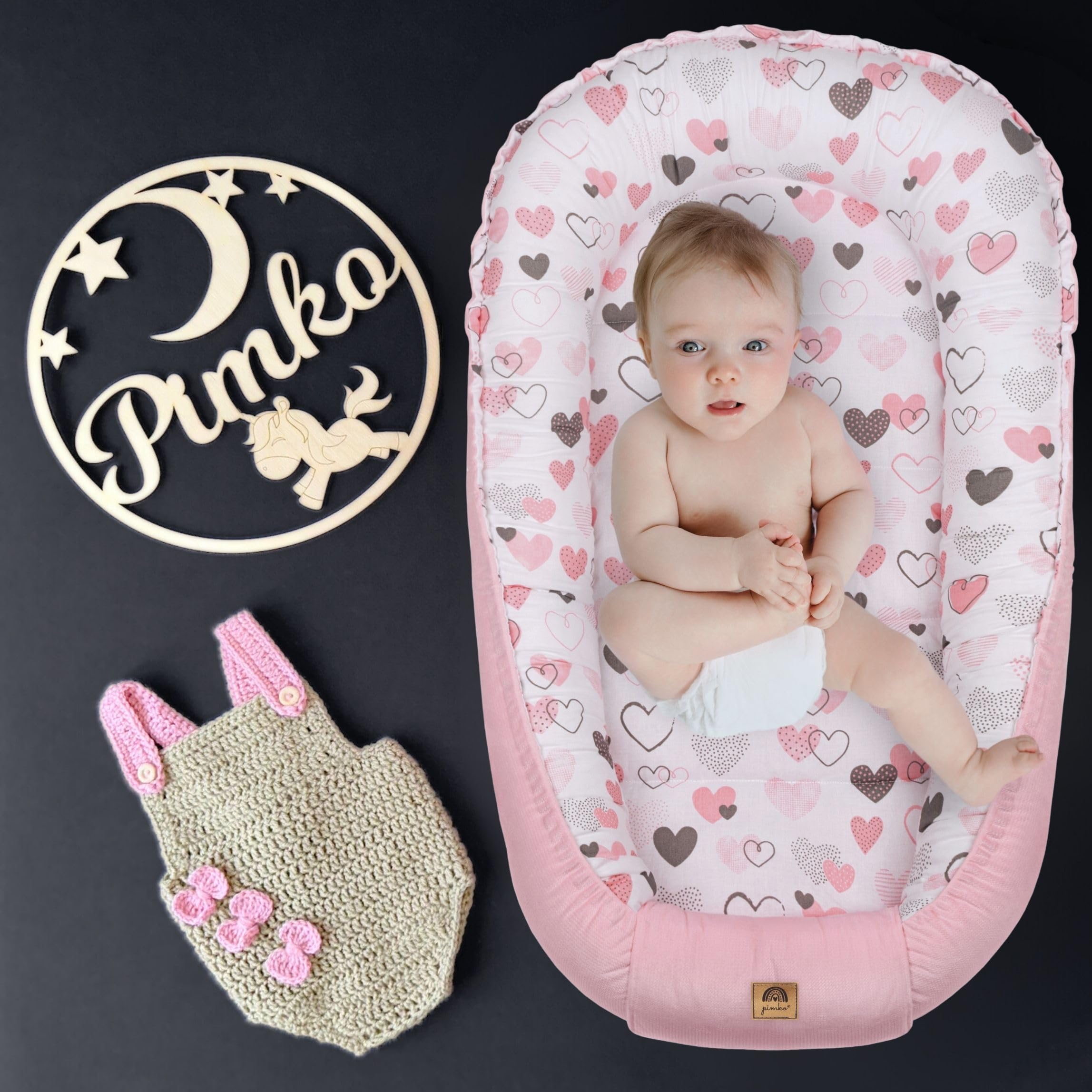 Nid de bébé 2 côtés - Nid cocon pour bébé - Hypoallergénique - 90 x 55 cm - Coton et velours - Cœurs roses avec rabat