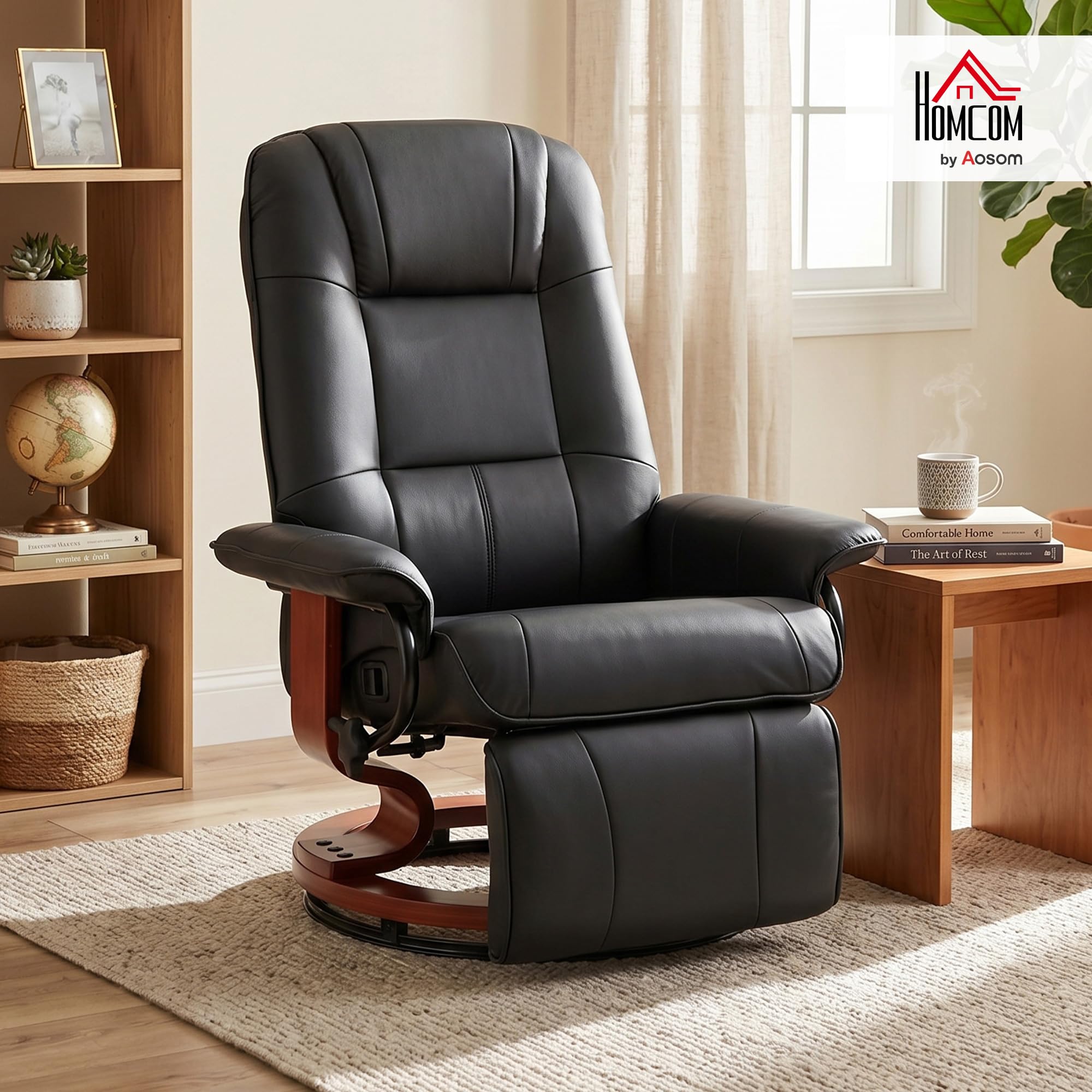 HOMCOM Fauteuil Relax Inclinable, Fauteuil de Salon, Repose-Pieds Réglable, Pivotant 360°, Piètement Bois, Revêtement Synthétique, Noir