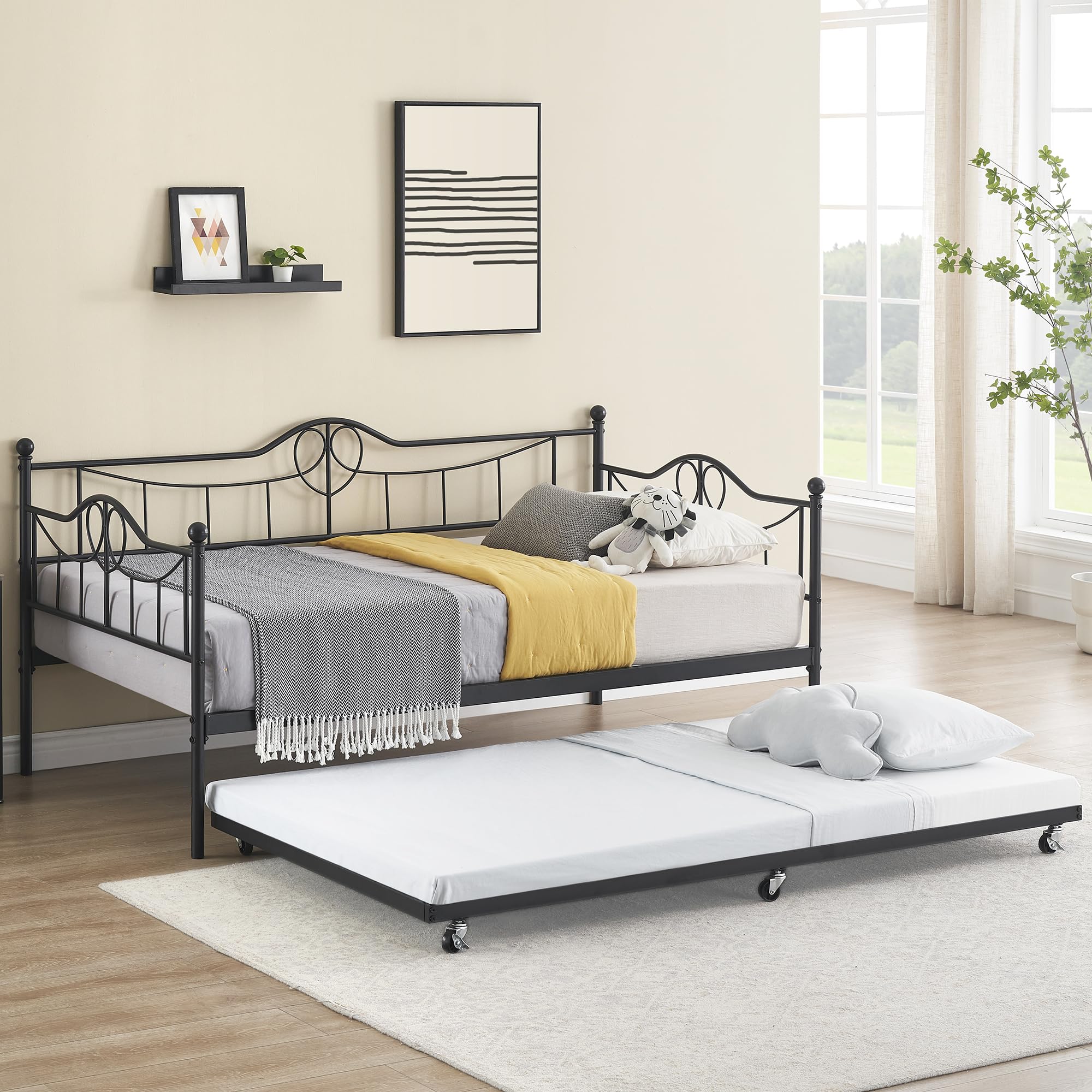 GAOMON Twin Day Bed with Trundle Bed Twin, Metal Daybed with Trundle, Daybed with Trundle Bed Frame, Steel Slat Support Sofa Bed for Kids Teens Adults, No Box Spring Needed, Black