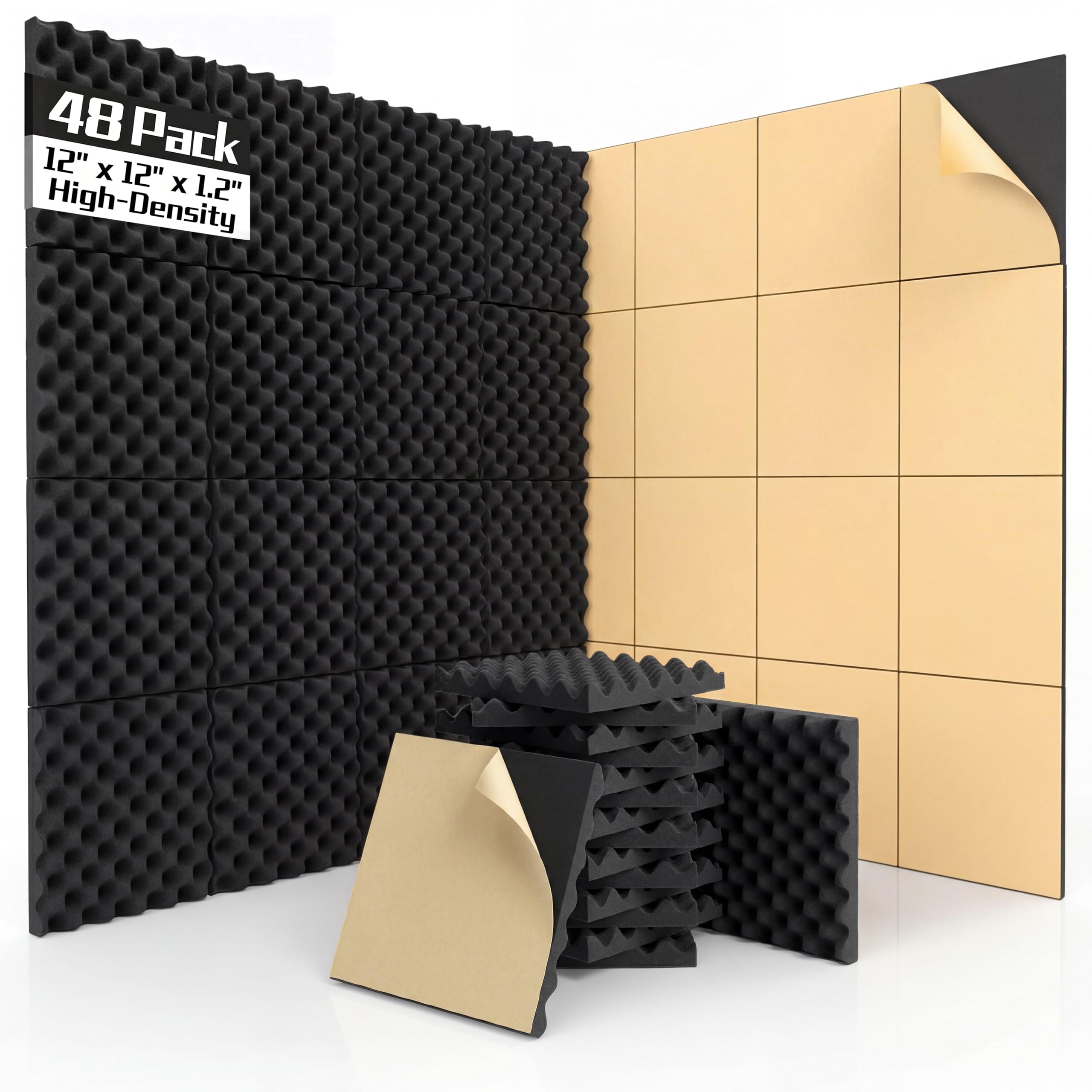 Paquete de 48 paneles de espuma acústica de alta densidad insonorizados de 12 x 12 x 1.2 pulgadas, paneles de pared de espuma acústica para estudio, hogar, oficina y sala de juegos, color negro