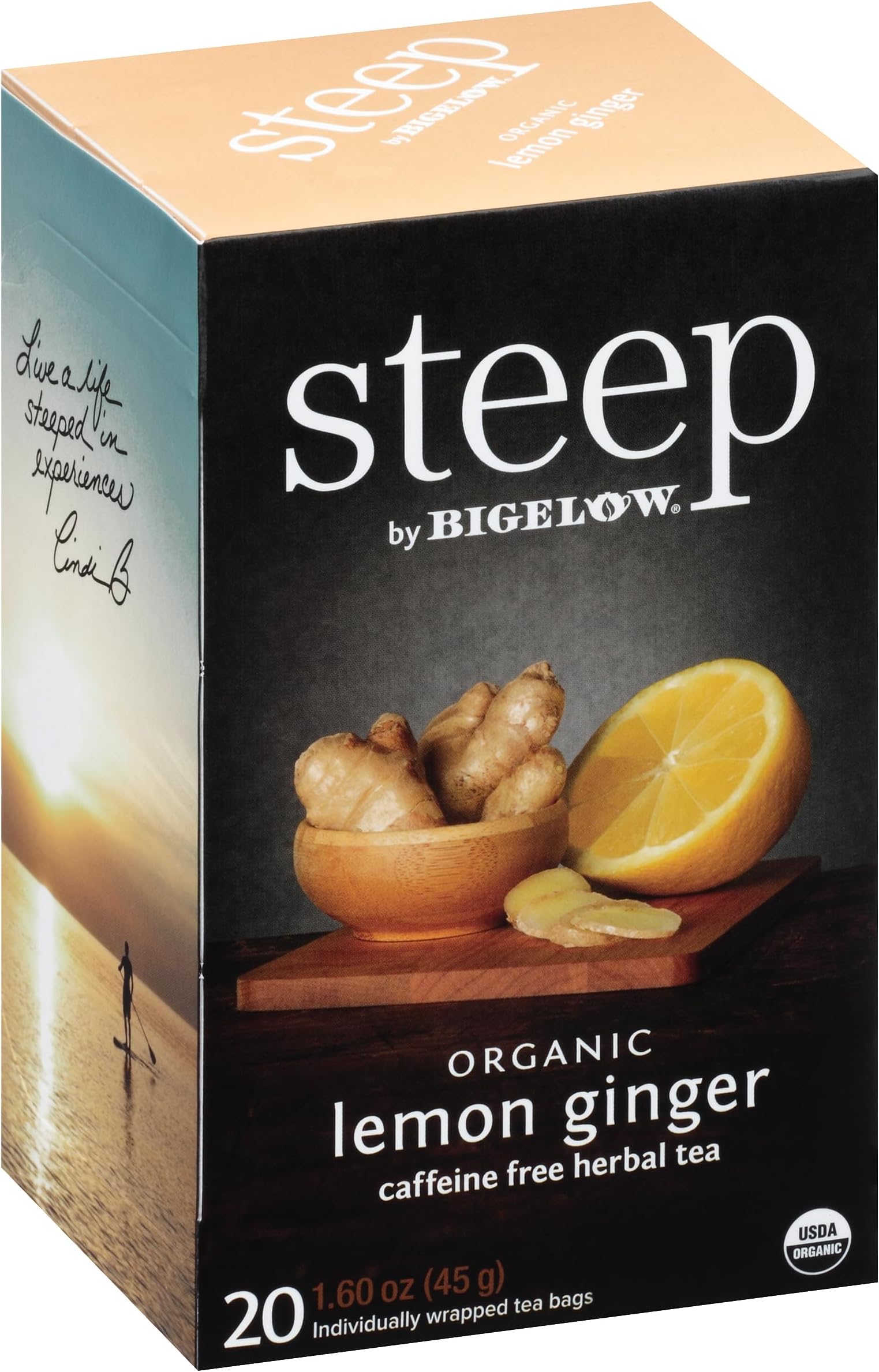 steep by Bigelow Organic Lemon Ginger Herbal Tea, Caffeine Free, 20 Count (Pack of 6), 120 Total Tea Bags