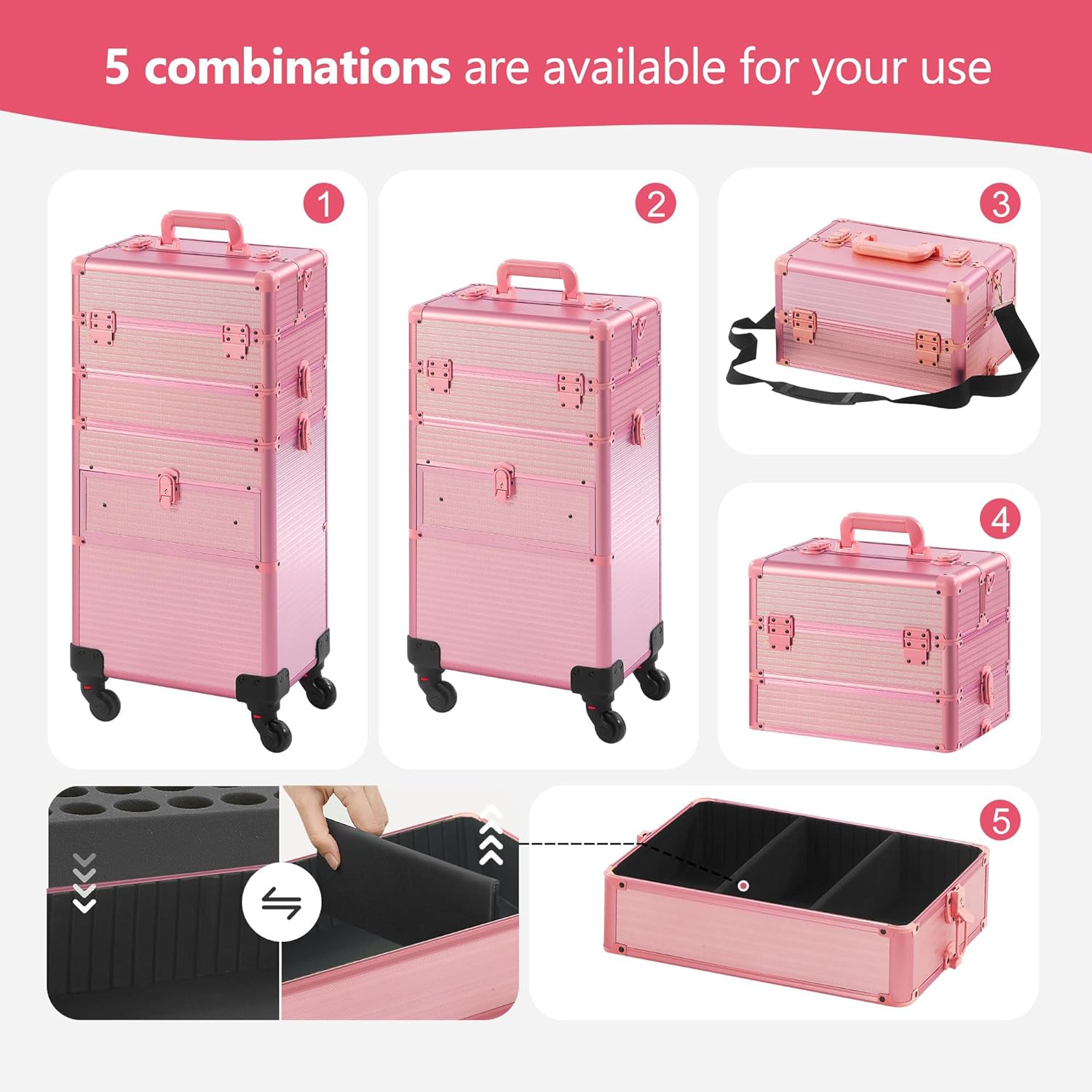 Rolling Makeup Case with Drawer, Makeup Train Case, 4 in 1Cosmetology Case on Wheels, Christmas Gift, Large Makeup Case Organizers, Profesional Cosmetic Case for Salon Barber, Light pink - Image 3