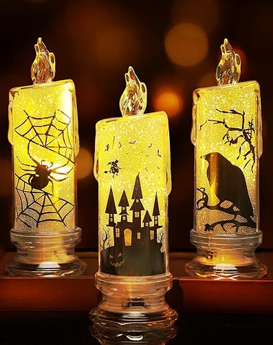 3 velas espeluznantes sin llama, decoraciones de Halloween, velas LED seguras con patrones de bruja, araña, cuervo, cuervo para fiesta, mesa,