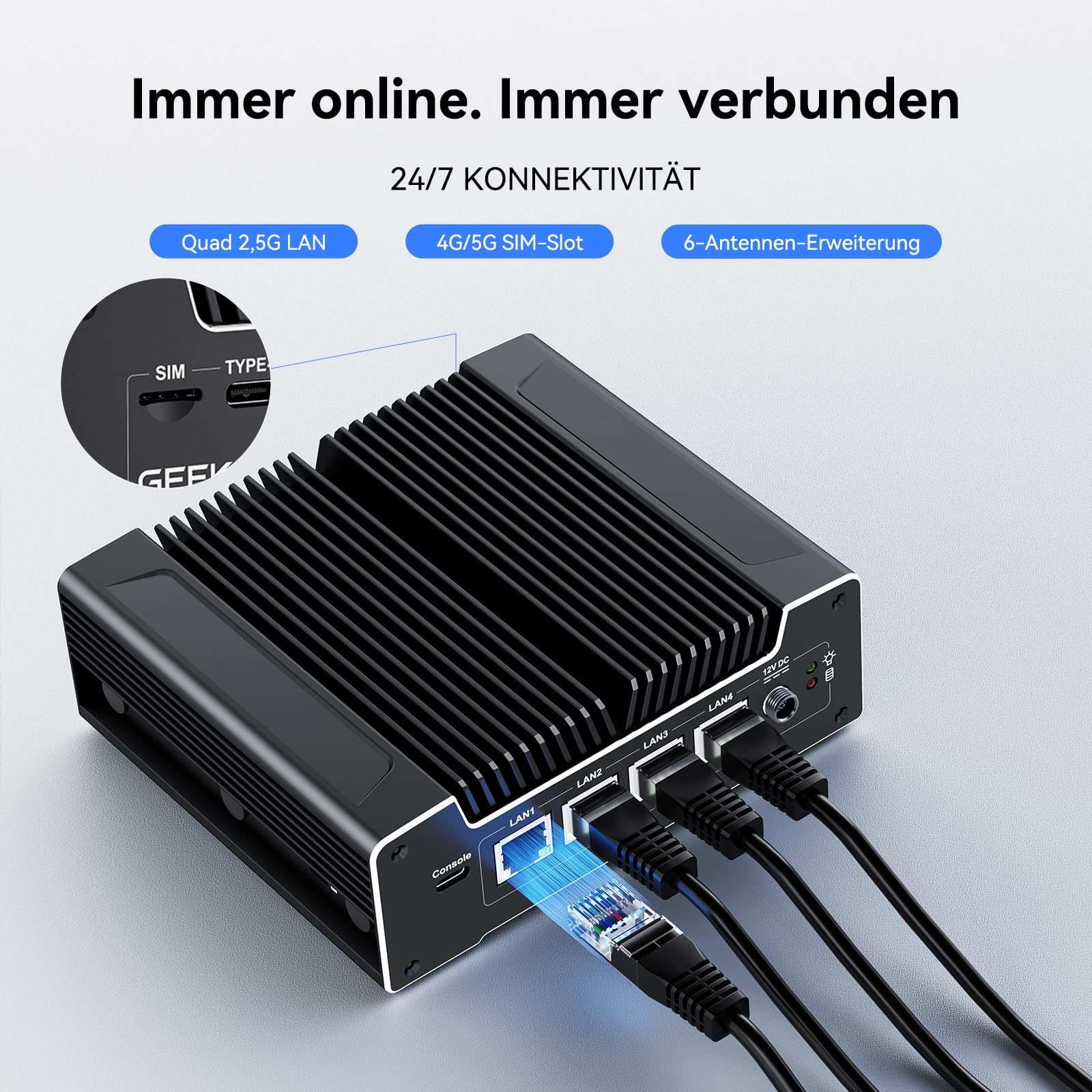 GEEKOM iX12 Lüfterloser Mini PC mit Intel N95, 3 Jahre Garantie, 8 GB DDR5 | 256 GB SSD (erweiterbar), 4× 2.5G LAN, Firewall Hardware/Router PC, 3 Jahre Garantie, 5G Ready, Triple 8K Display