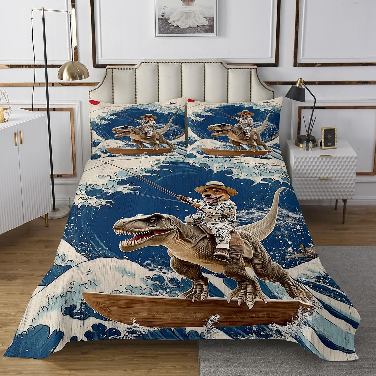 jejeloiu Funny Dog Coverlet Set Cool Dinosaur Bedspread for Kids Boys Girls Japanese Ocean Wave Quilted Wooden Print Quilted Coverlet Room 3Pcs King Size