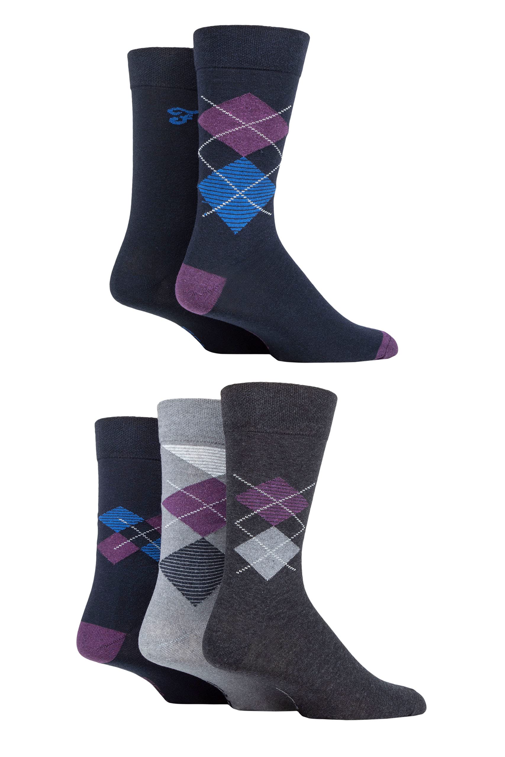 Farah Mens Cotton Socks Striped and Argyle Patterned Designs Calf Length Pack of 5 - Argyle Navy 6-11