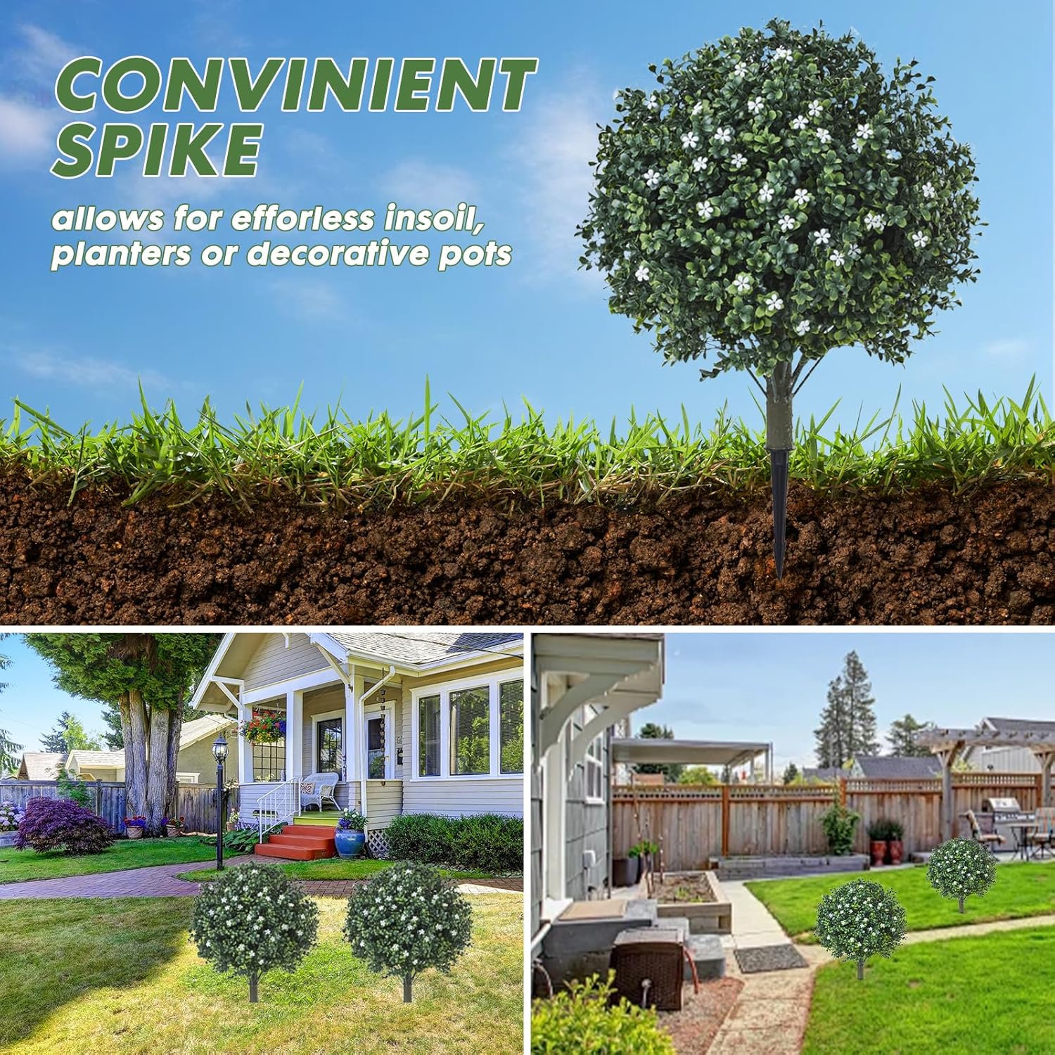 24" Artificial Boxwood Topiary Ball Bush with White Flowers, Set of 2 Artificial Shrub Bushes with Spike, Fake Evergreen Tree for Porch, Artificial Plants for Outdoor Planters Indoor UV Resistant - Image 3