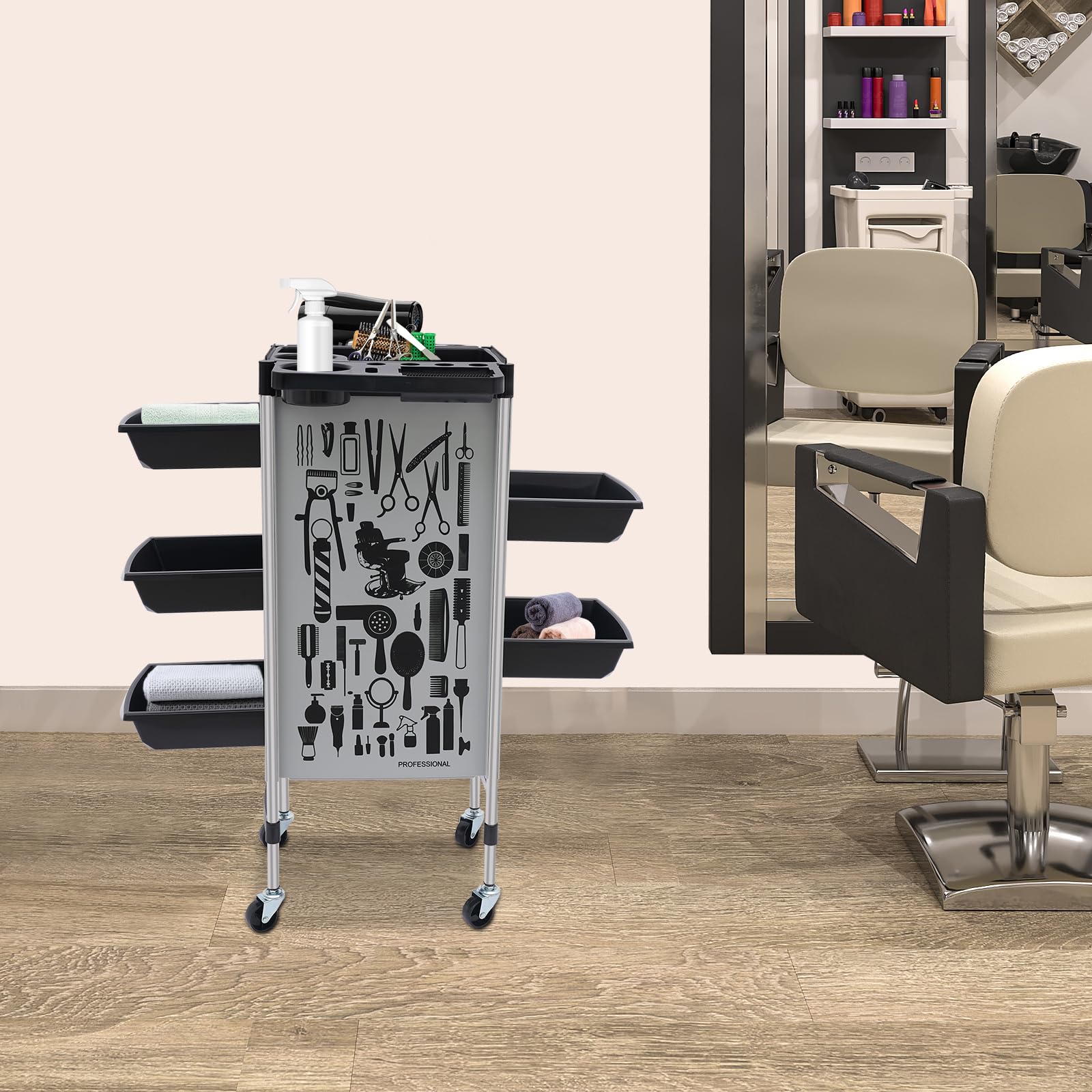 Carrito de peluquería, carrito de peluquería, carrito de peluquería con 5 cajones y ruedas, carrito de peluquería para estilistas, carros de trabajo para salones de uñas, peluquería, spa (negro)