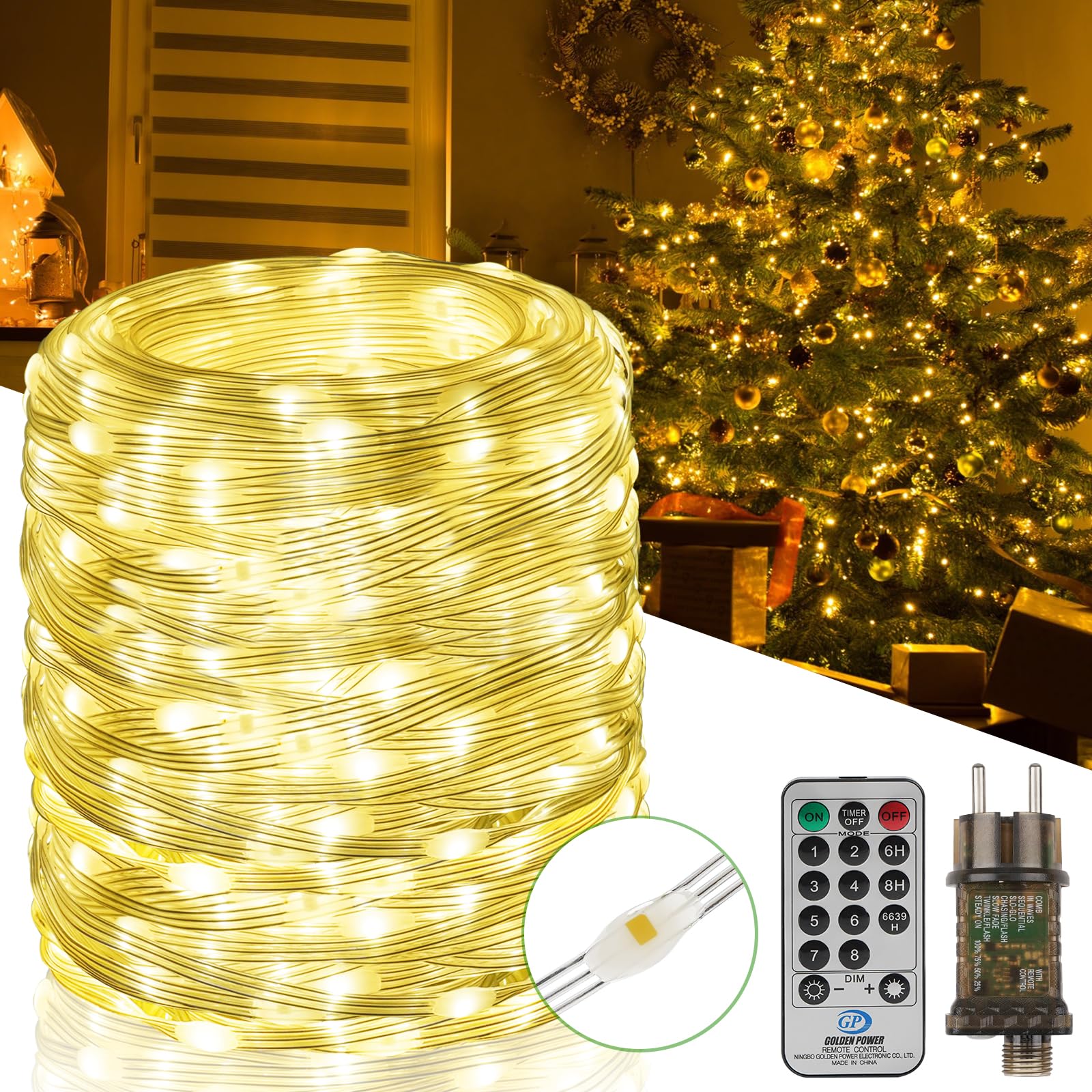 Buudala Luci Albero di Natale 100M 1000LED, Catena Luminosa Esterno Luci di Natale Interno IP67 Impermeabile, 8 Modalità Catena LED Natalizie per Esterno Giardino Balcone Festa Matrimonio