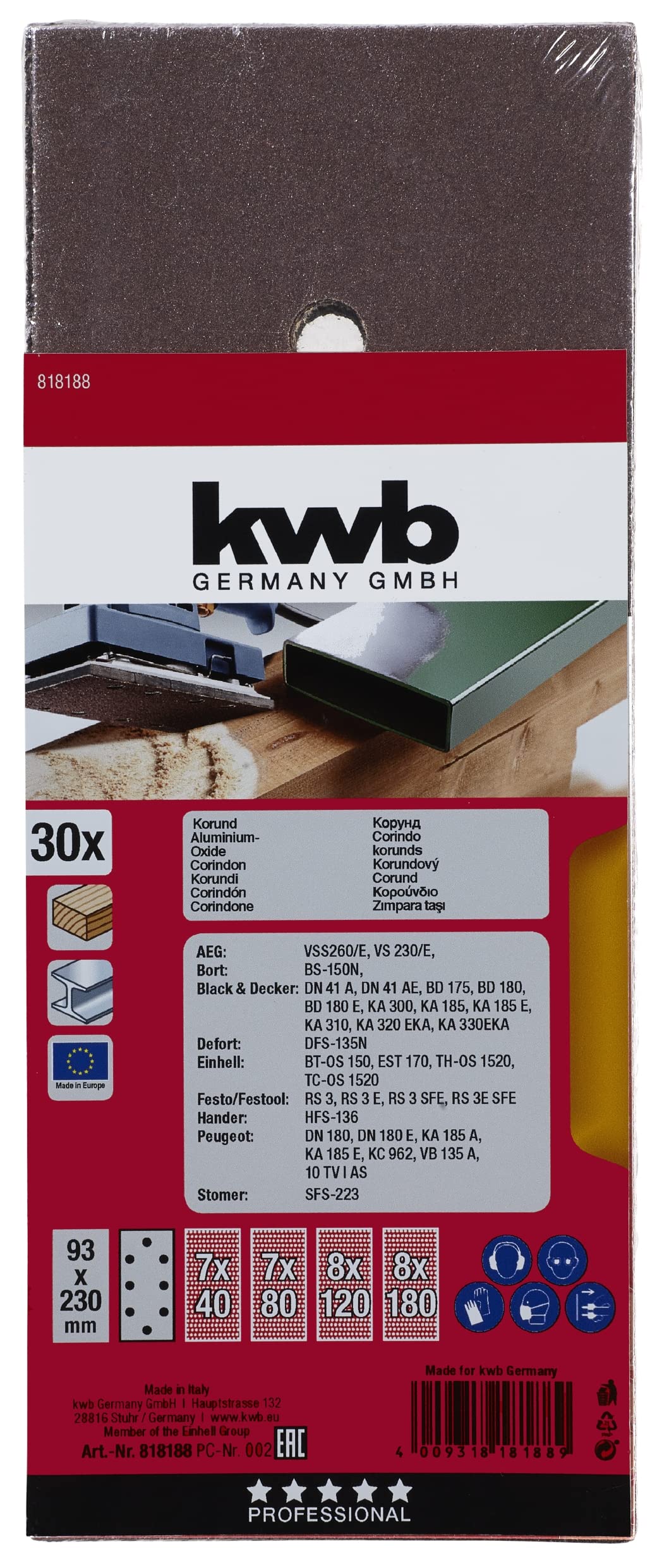 Bande Abrasive Kwb 93x230 Mm Corindon – Grain 40/80/120/180 – Ponceuse Vibrante, Bois & Métal – Encollage Qualité, Support Robuste