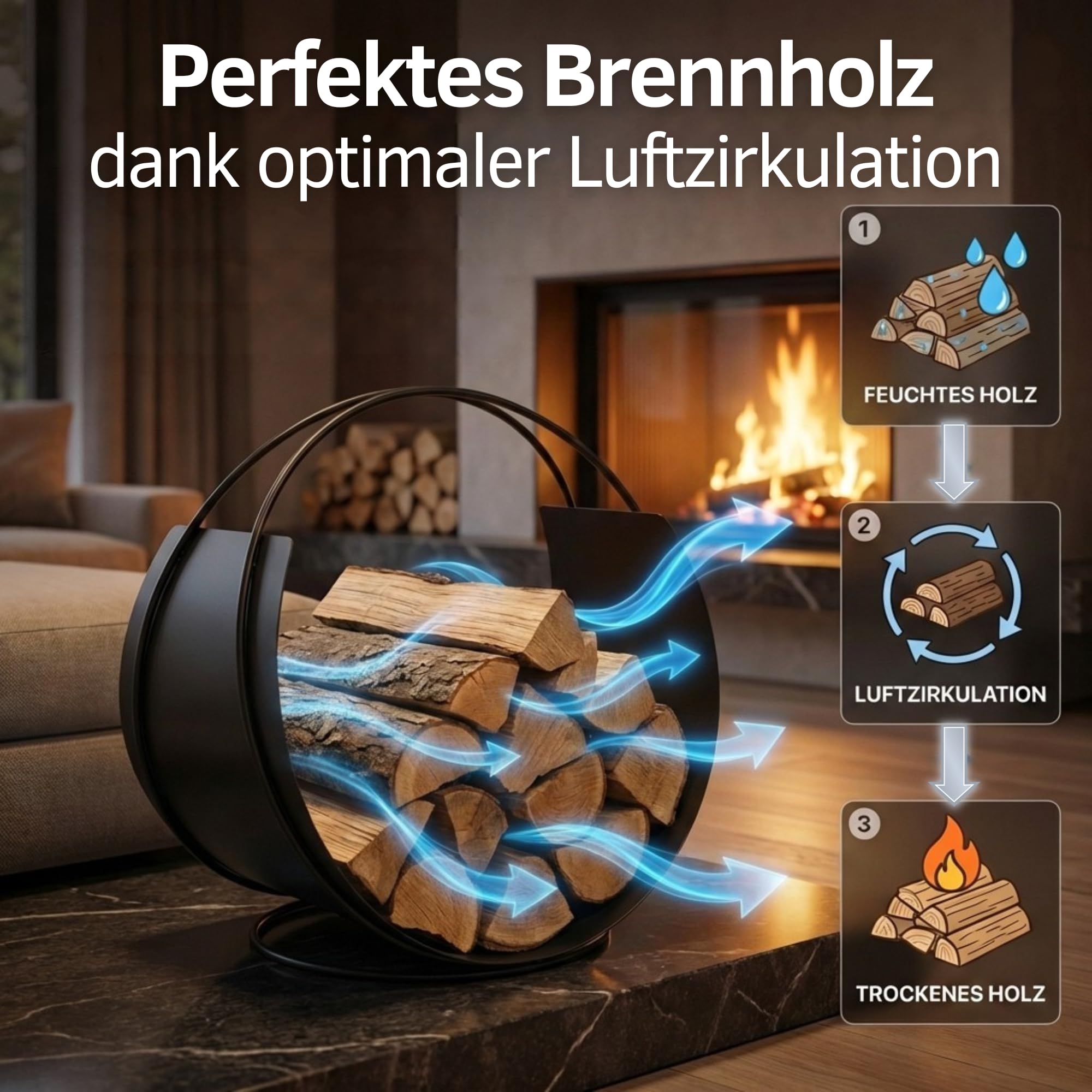 VASNER Situro S1/S2 Holzkorb – Kaminholzkorb Metall rund – Holzkorb für Kaminholz – Kaminholz innen & außen – Feuerholzkorb modern – 58 x 58 x 38 cm - schwarz