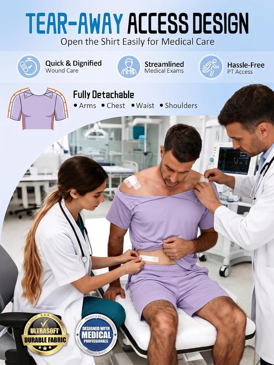 Magnetic Post Surgery Shirt for Men Women Tear Away Clothing Easy One-Handed Dressing Shoulder Surgery IV Access Dialysis
