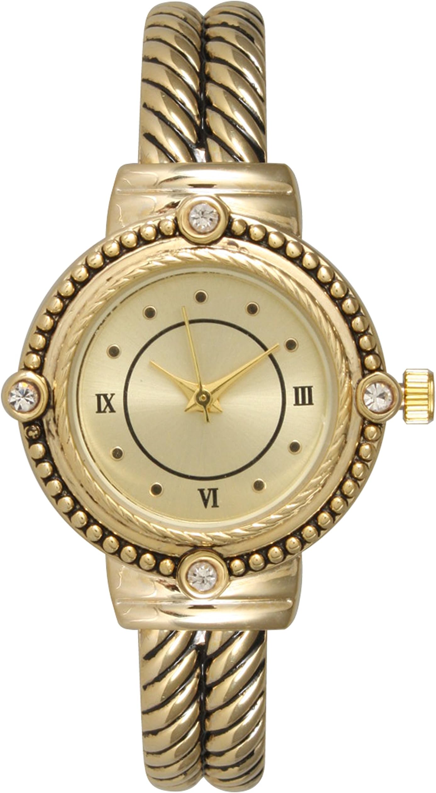 Ladies Western Design Metal Bangle/Cuff Watch with Rhinestones on Bezel (Gold)