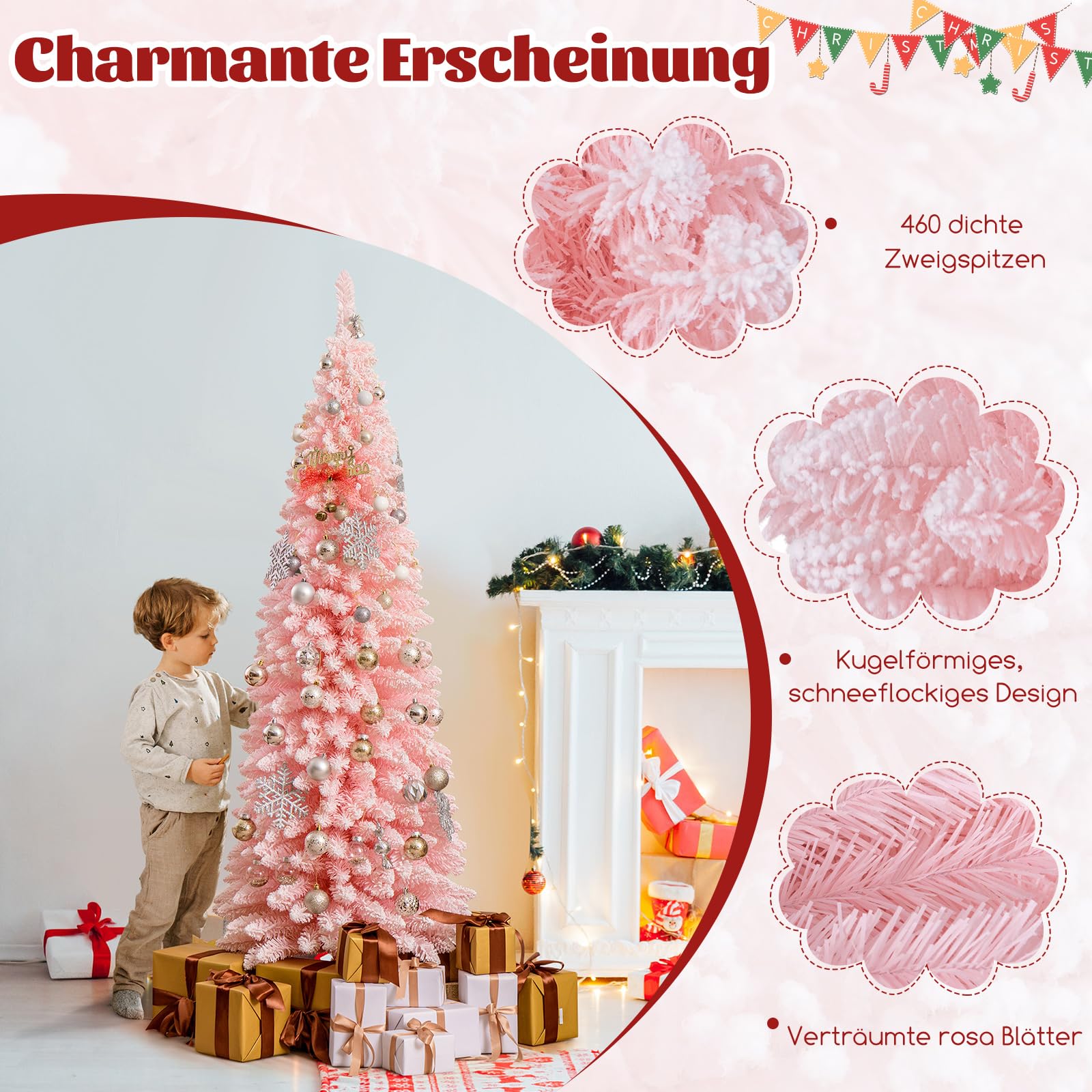 COSTWAY künstlicher Weihnachtsbaum Bleistift, 180 cm Tannenbaum mit Schnee, Christbaum mit 460 Zweigspitzen & klappbarem Metallständer, schlanker Kunstbaum Weihnachten für Zuhause, Büro (Rosa)