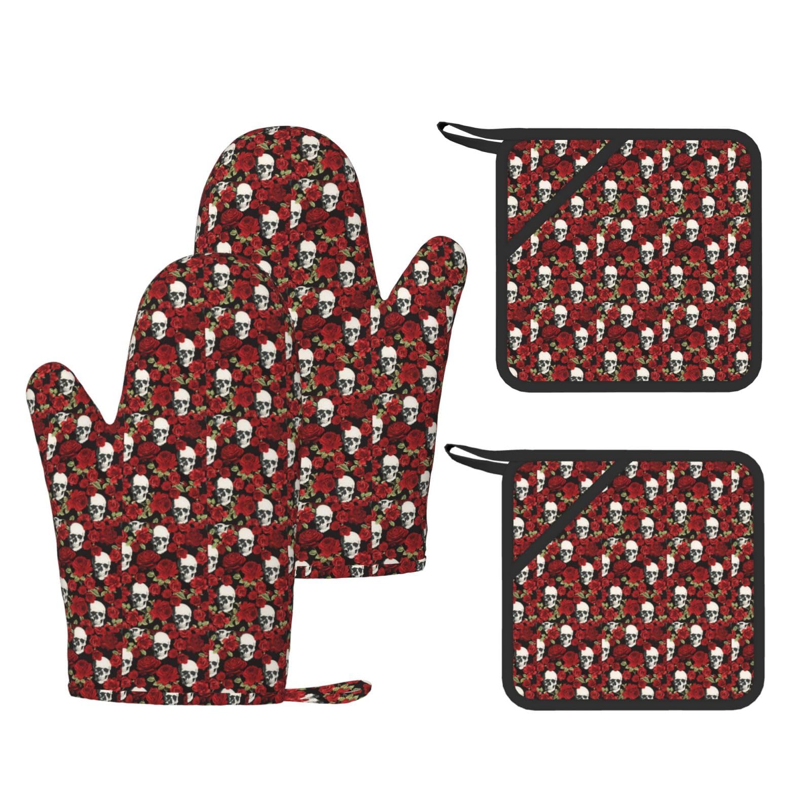 Rose Skull Printed Potholder and Oven Mitt Set of 4, High Heat Resistant Cooking Gloves for BBQ Grilling